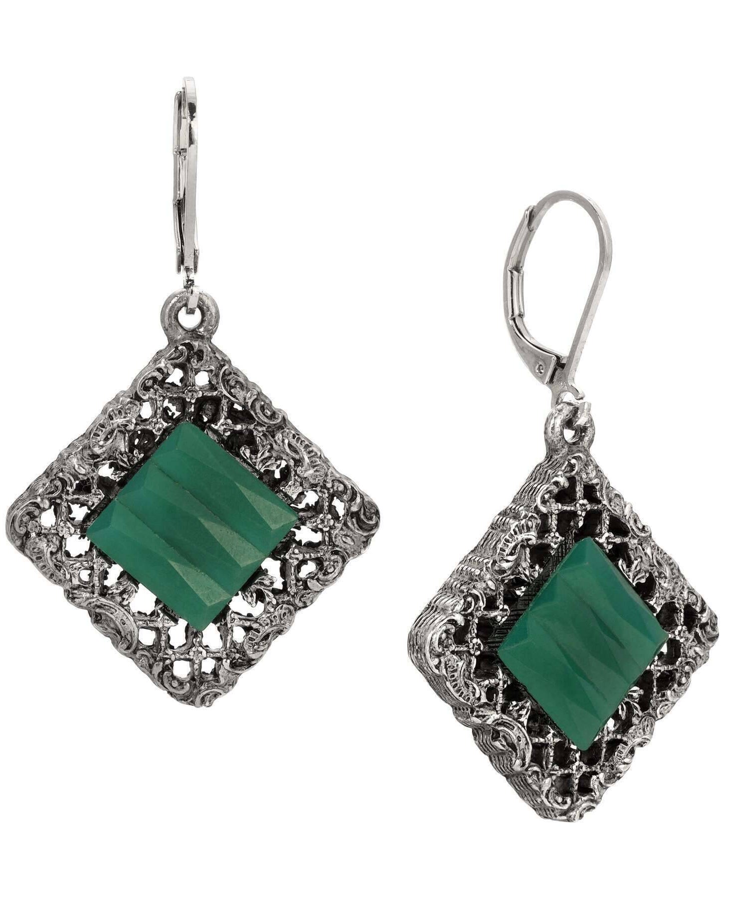 1928 Jewelry Belladonna Textured Ridged Glass Stone Filigree Drop Earrings