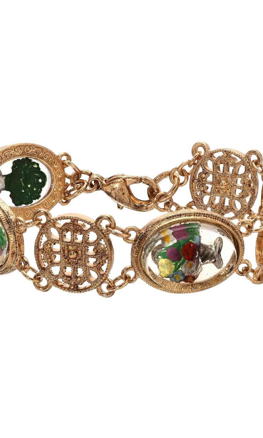 1928 Jewelry Meso Round Intricate Filigree & Mixed Flower Bouquet German Glass Link Bracelet