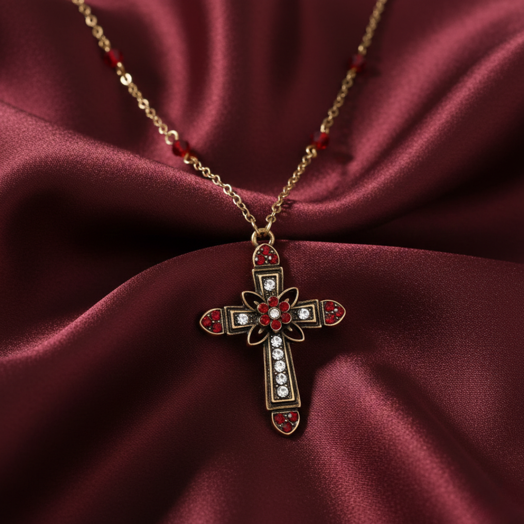 Decorative cross pendant necklace on a burgundy fabric background