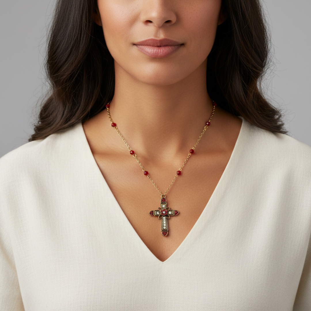 Woman wearing a gold chain necklace with a cross pendant and red beads against a neutral background