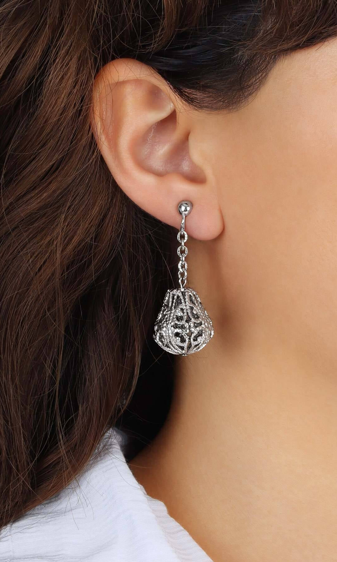 1928 Jewelry Filigree Bell Shaped Link Chain Clip Earrings