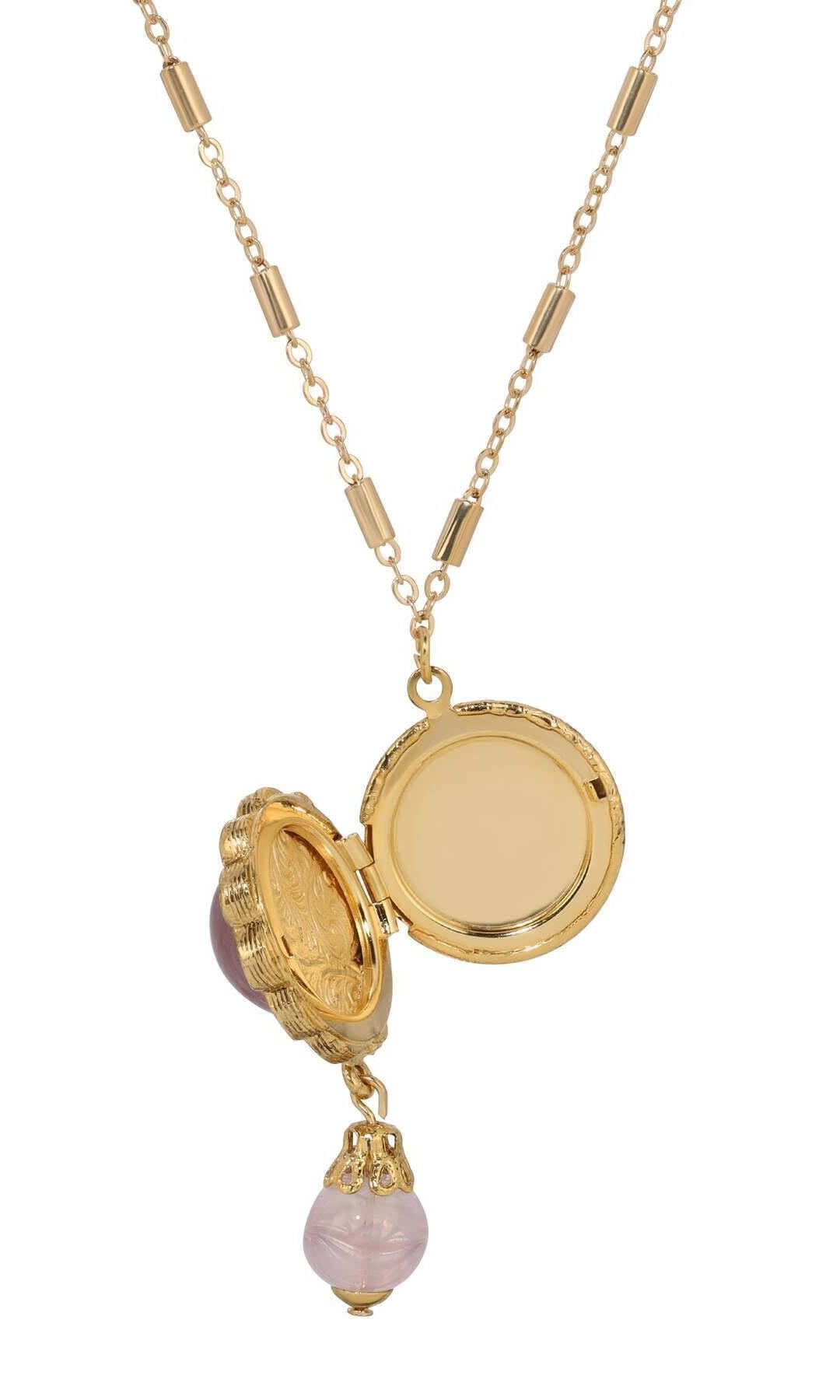 1928 Jewelry Round Stone Photo Locket Pendant Necklace 20"