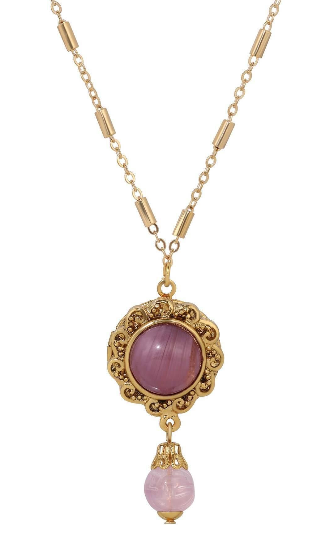 1928 Jewelry Round Stone Photo Locket Pendant Necklace 20"