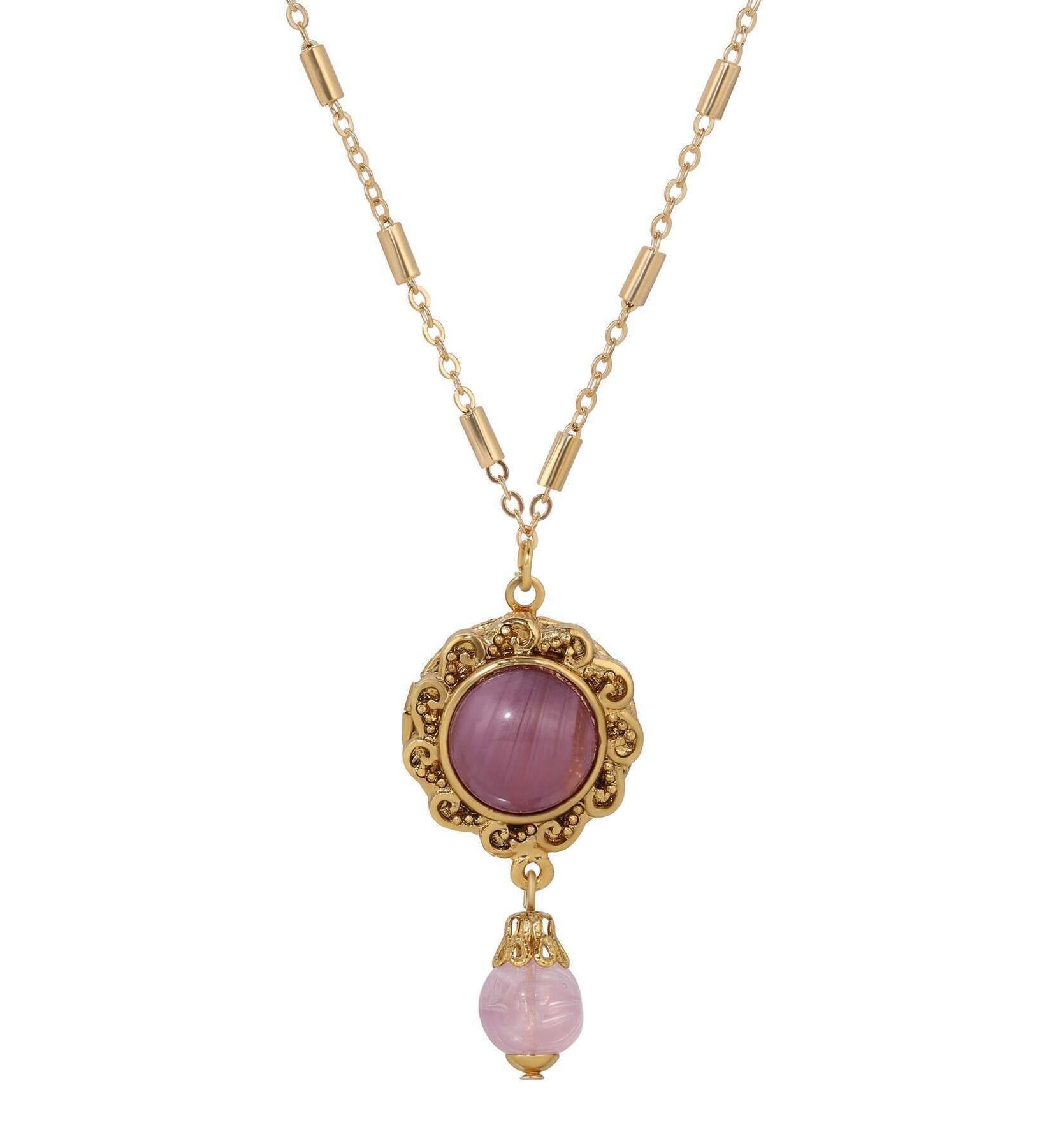 1928 Jewelry Round Stone Photo Locket Pendant Necklace 20"