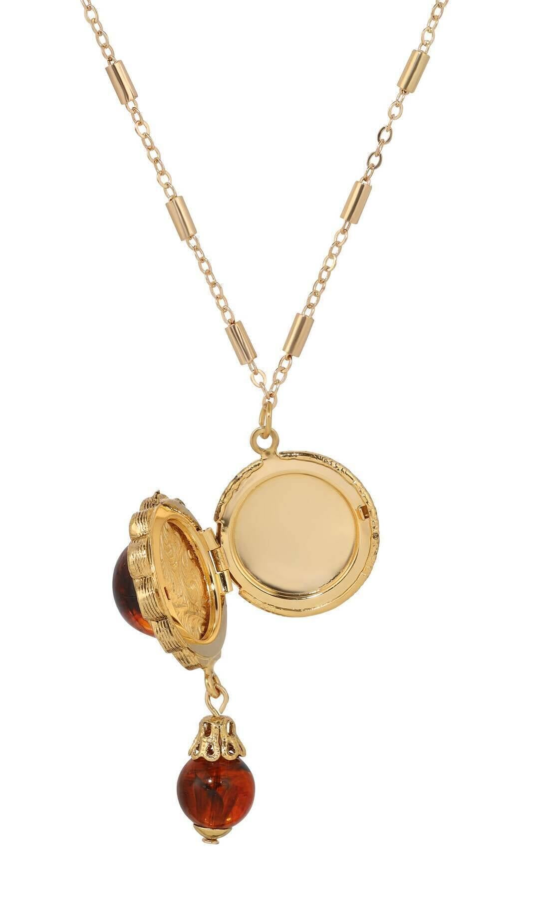 1928 Jewelry Round Stone Photo Locket Pendant Necklace 20"