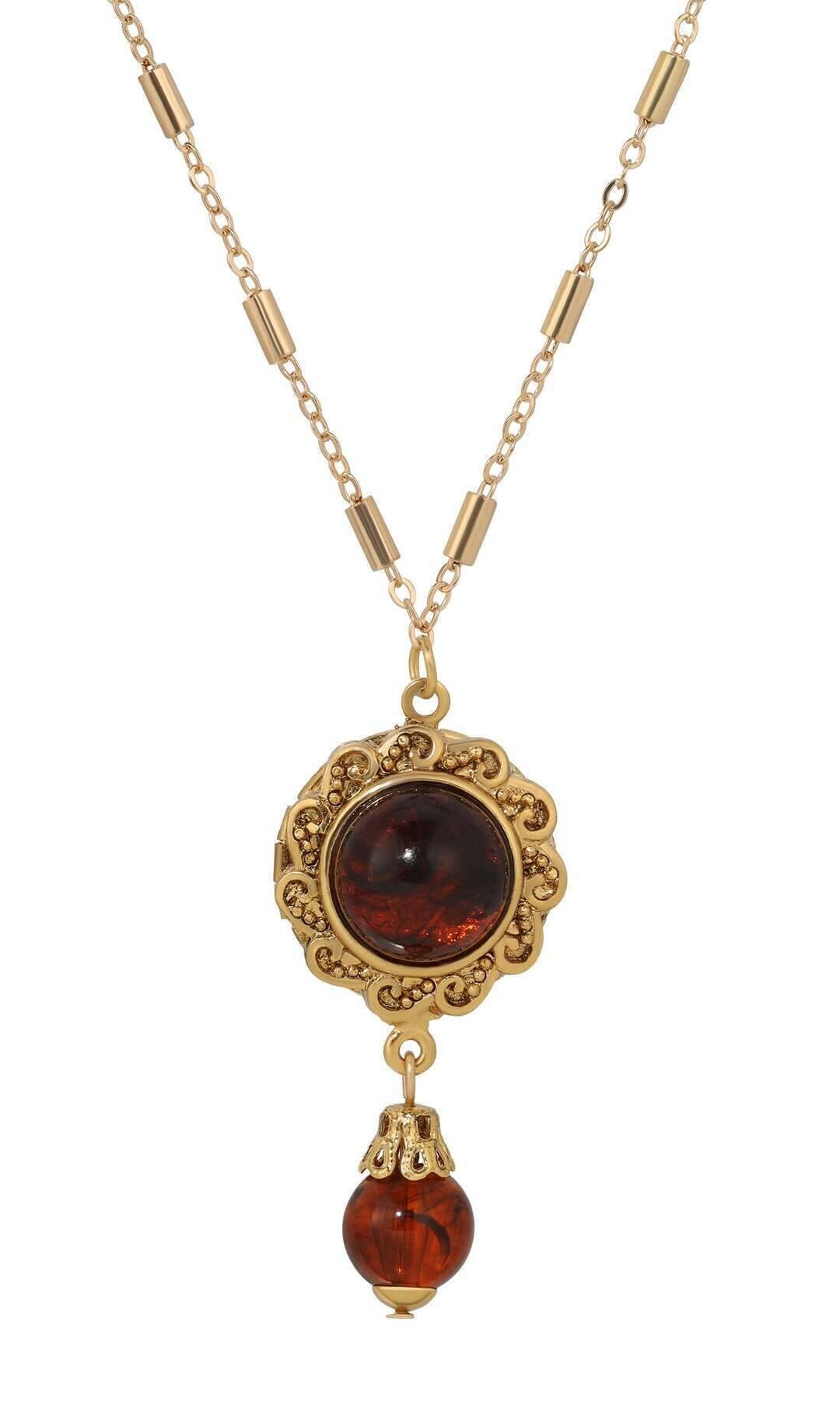 1928 Jewelry Round Stone Photo Locket Pendant Necklace 20"