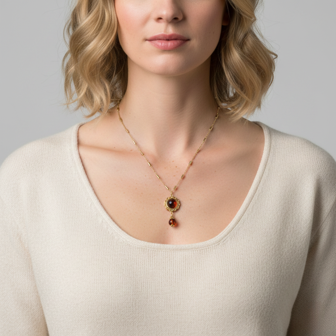 Woman wearing a gold necklace with a pendant on a plain background