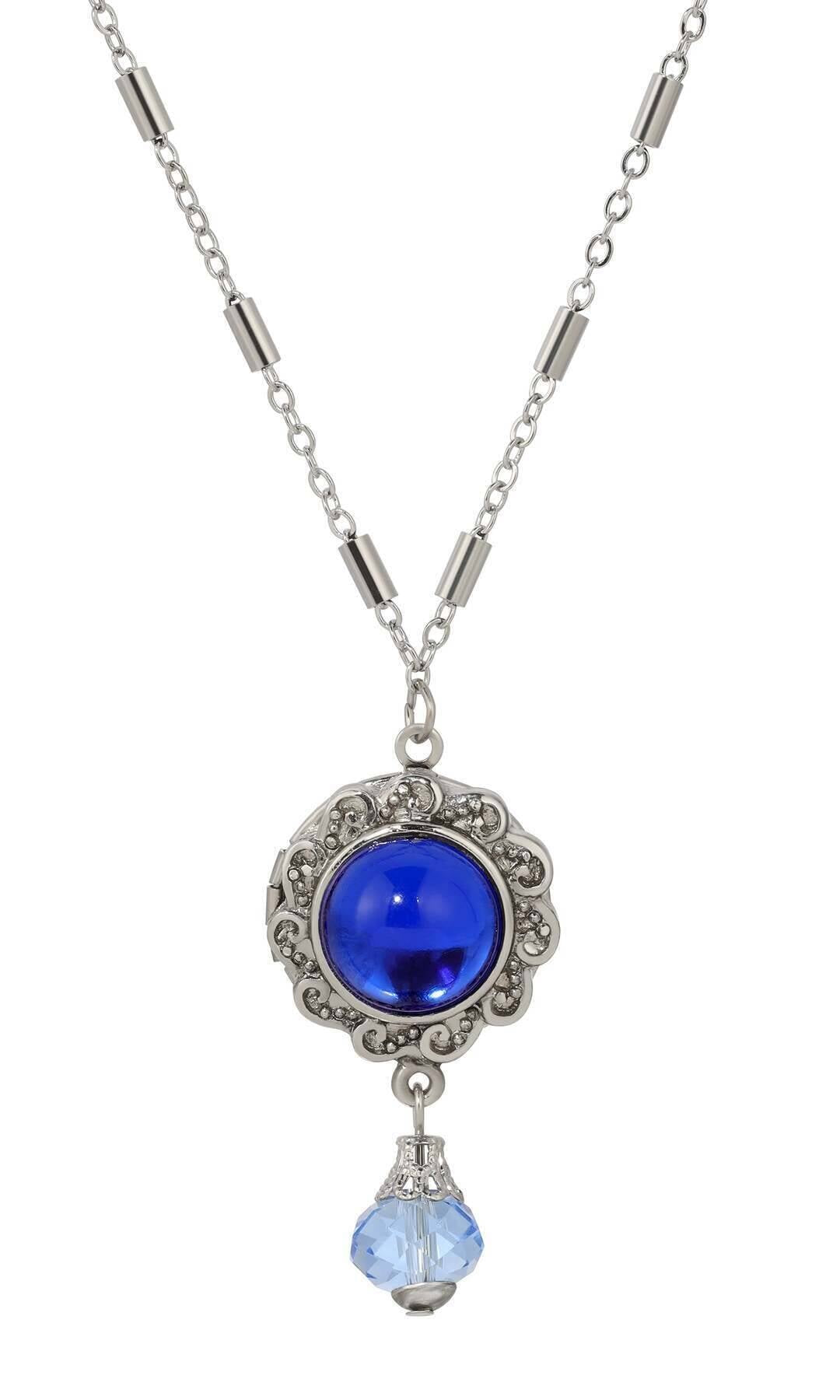 1928 Jewelry Round Stone Photo Locket Pendant Necklace 20"