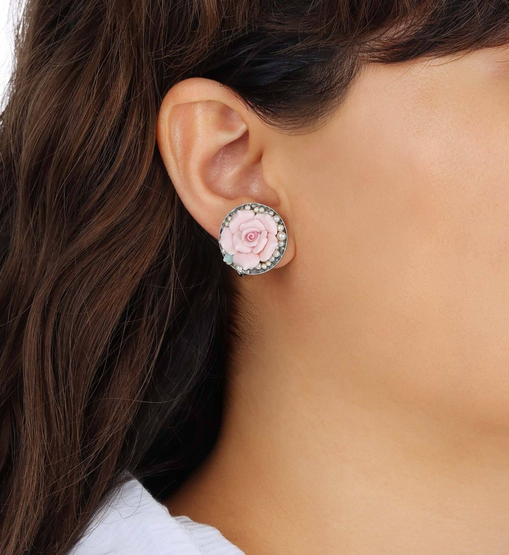 1928 Jewelry Pink Porcelain Rose & Faux Pearls Clip Earrings