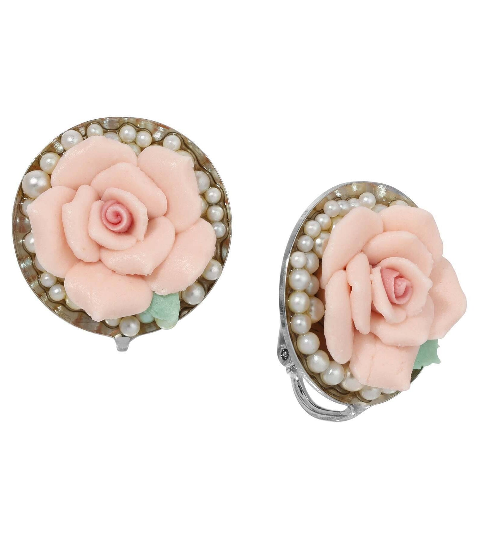 1928 Jewelry Pink Porcelain Rose & Faux Pearls Clip Earrings