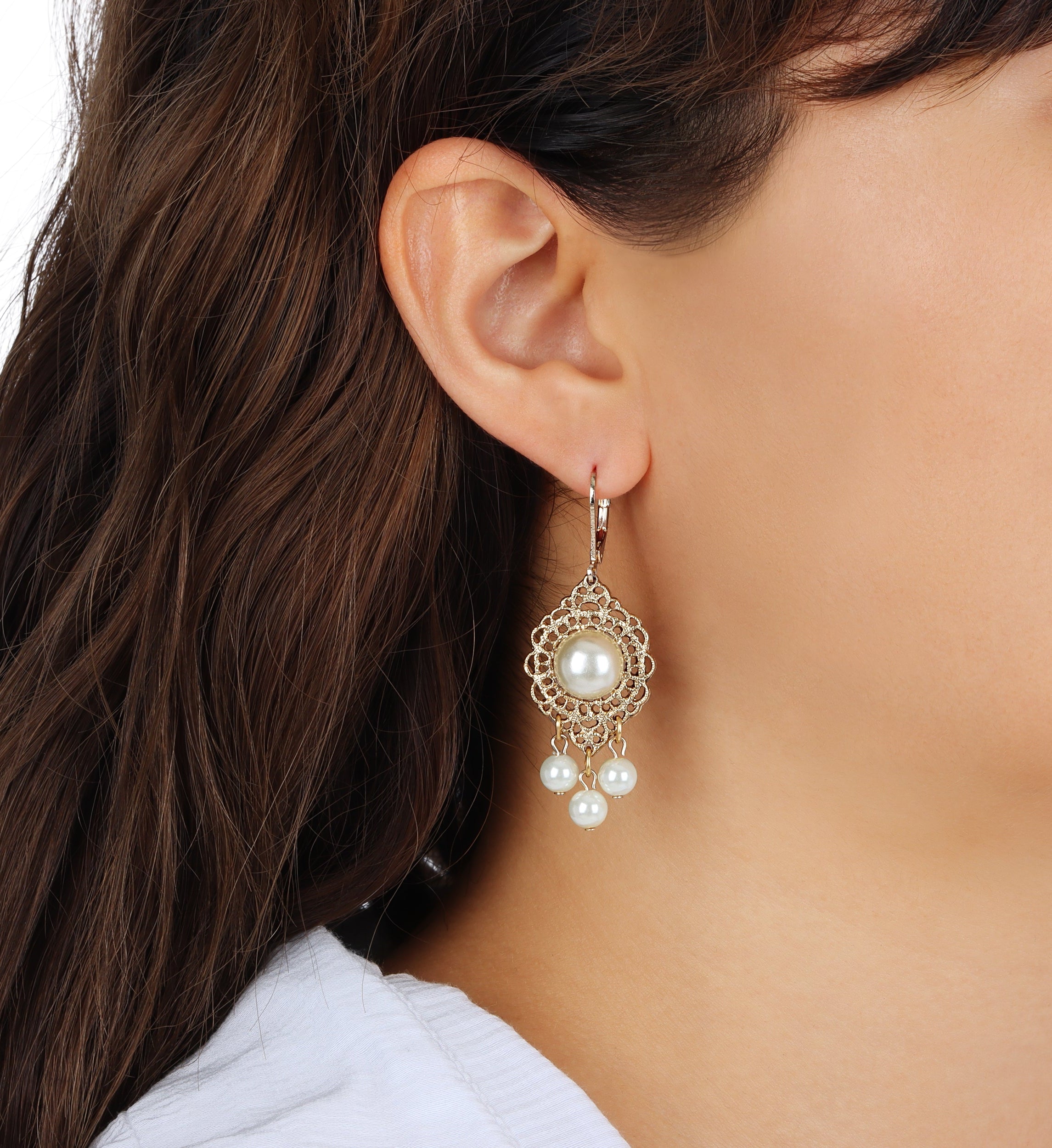 1928 Jewelry Luxuriant Filigree Faux Pearl Dangling Earrings