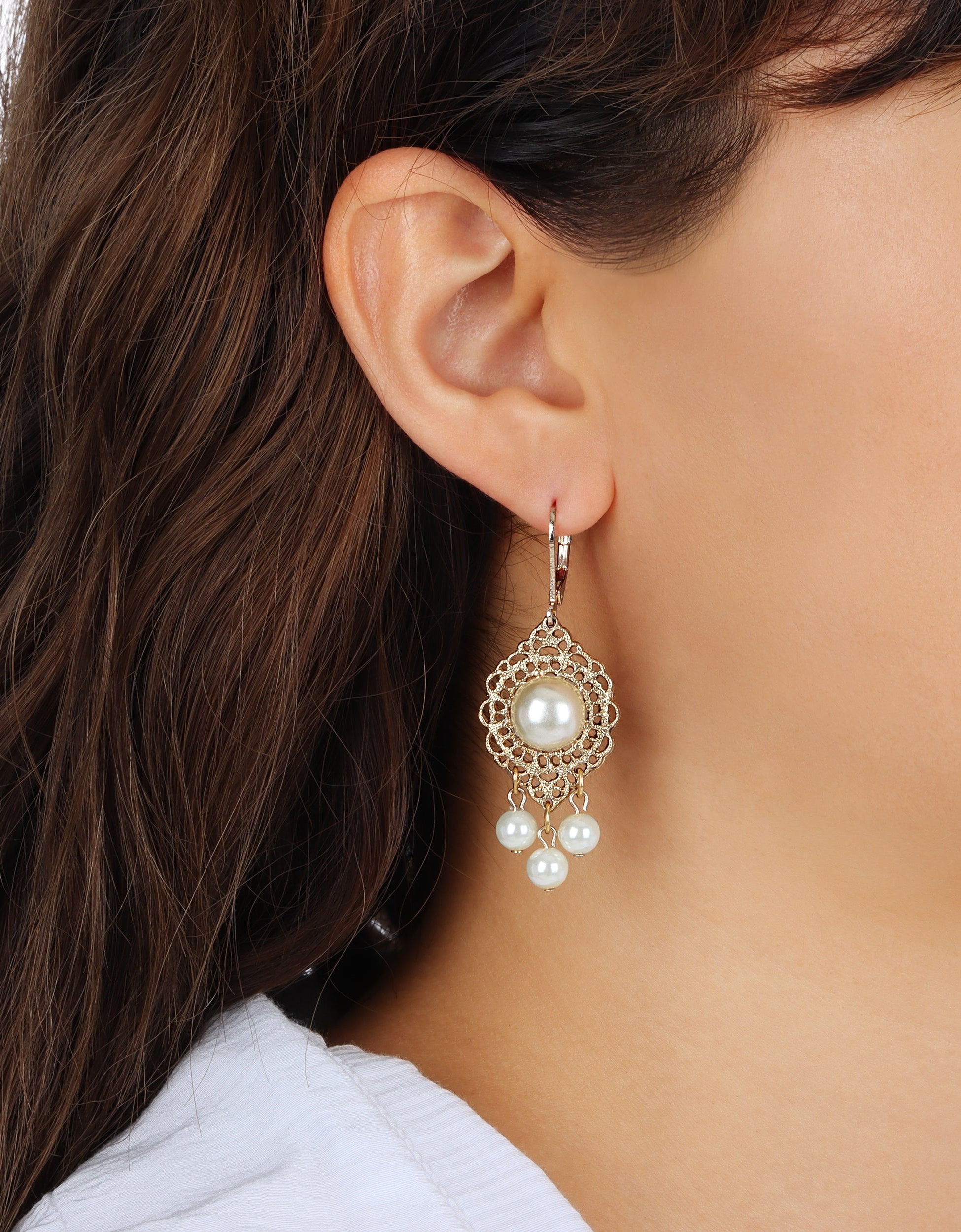 1928 Jewelry Luxuriant Filigree Faux Pearl Dangling Earrings