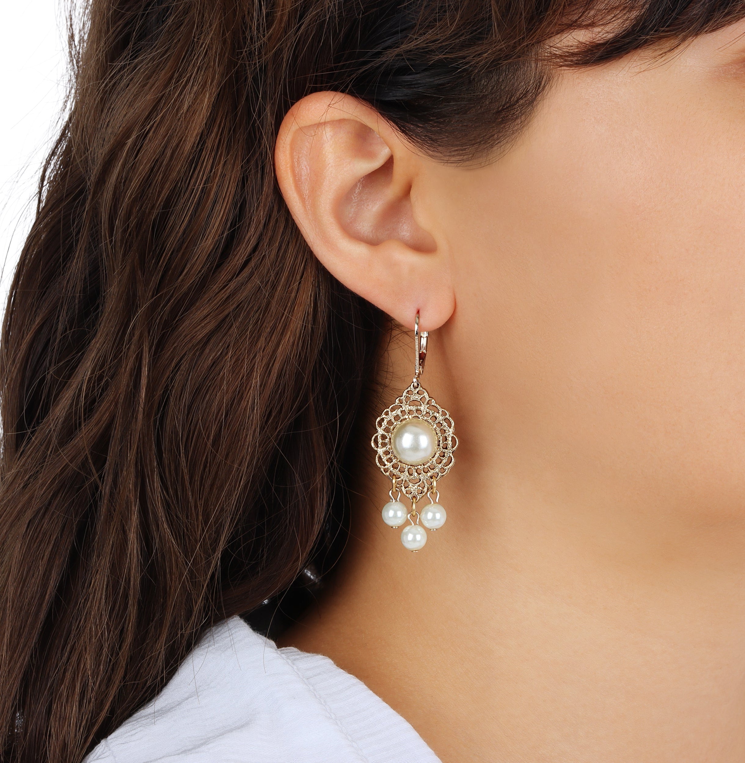 1928 Jewelry Luxuriant Filigree Faux Pearl Dangling Earrings