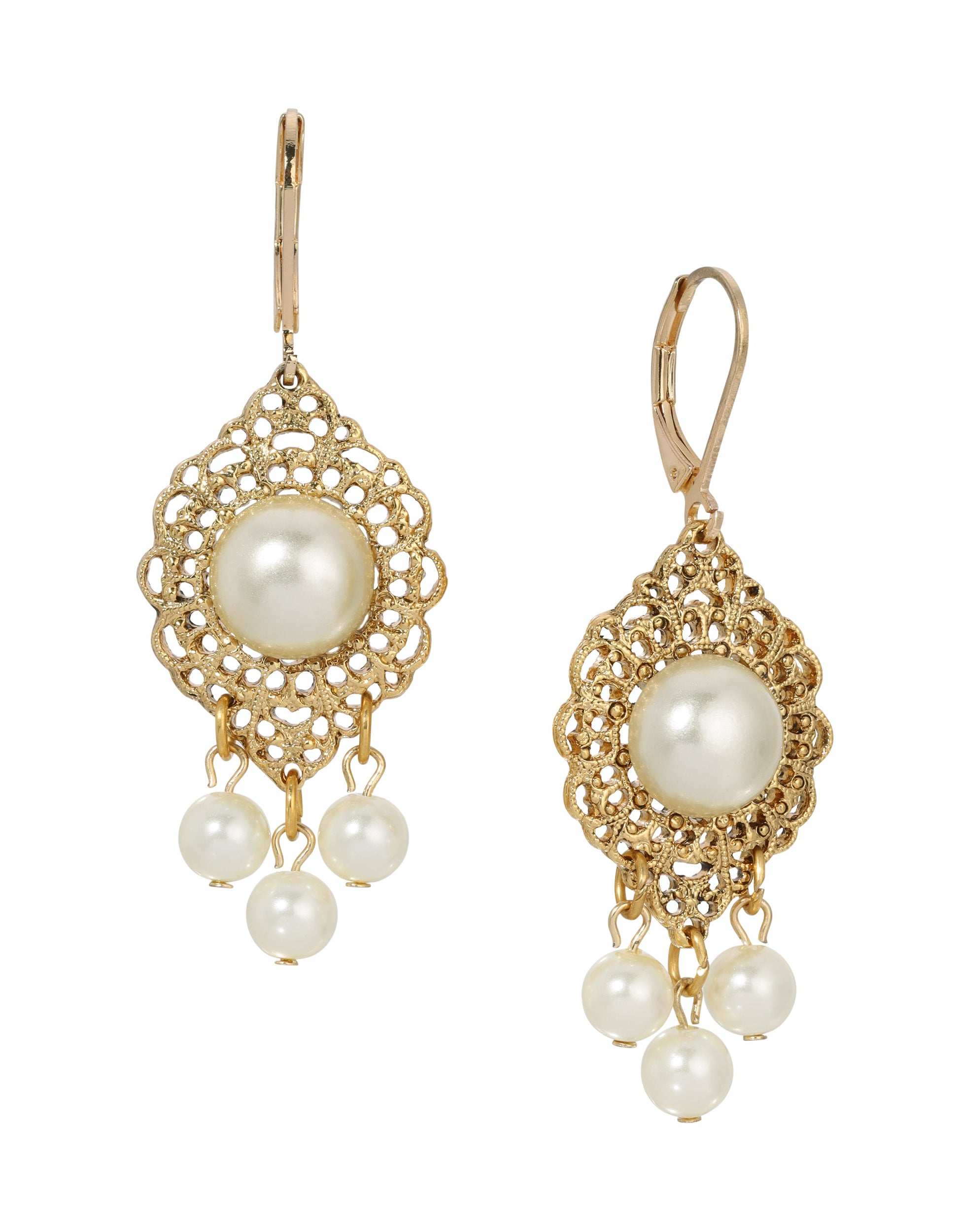 1928 Jewelry Luxuriant Filigree Faux Pearl Dangling Earrings