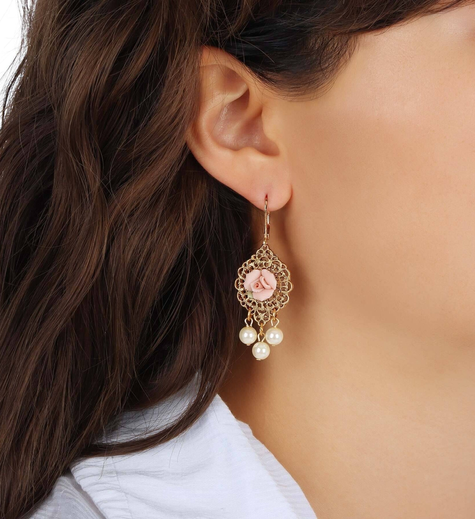 1928 Jewelry Porcelain Rose Faux Pearl Drop Earrings