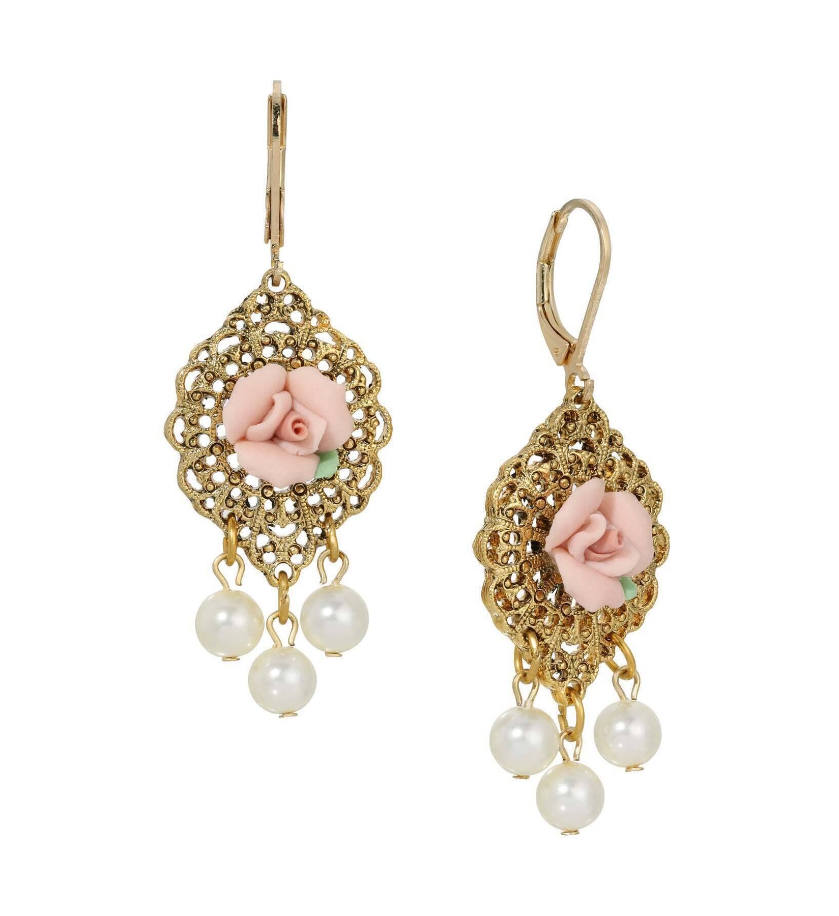 1928 Jewelry Porcelain Rose Faux Pearl Drop Earrings