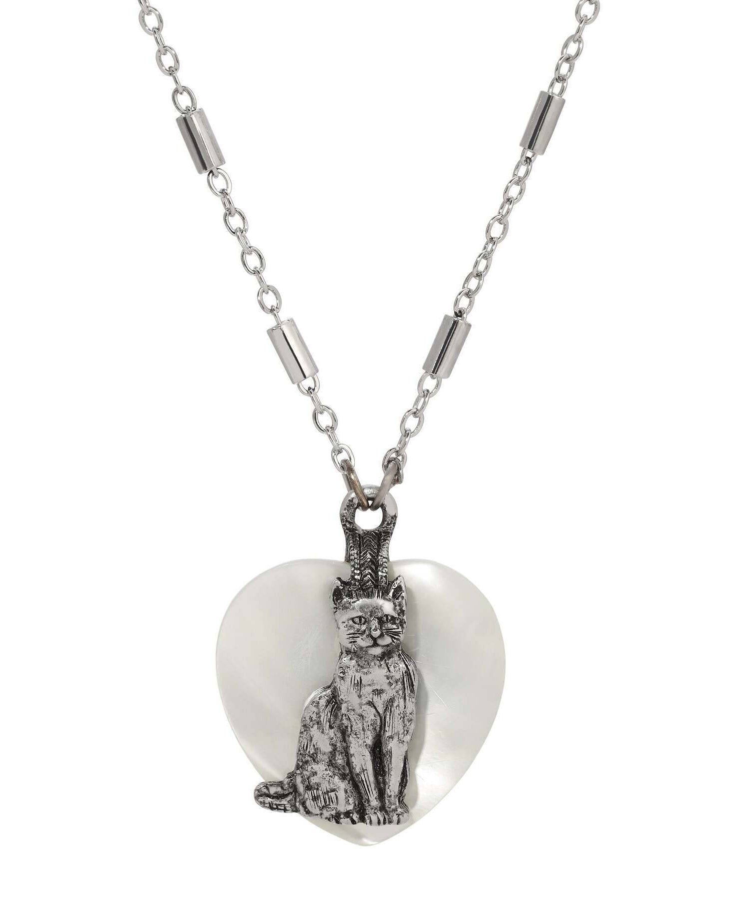 1928 Jewelry Whimsical Cat Mother Of Pearl Heart Pendant Necklace 18"