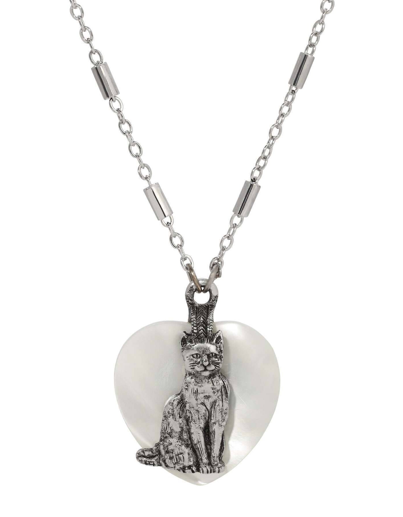 1928 Jewelry Whimsical Cat Mother Of Pearl Heart Pendant Necklace 18"