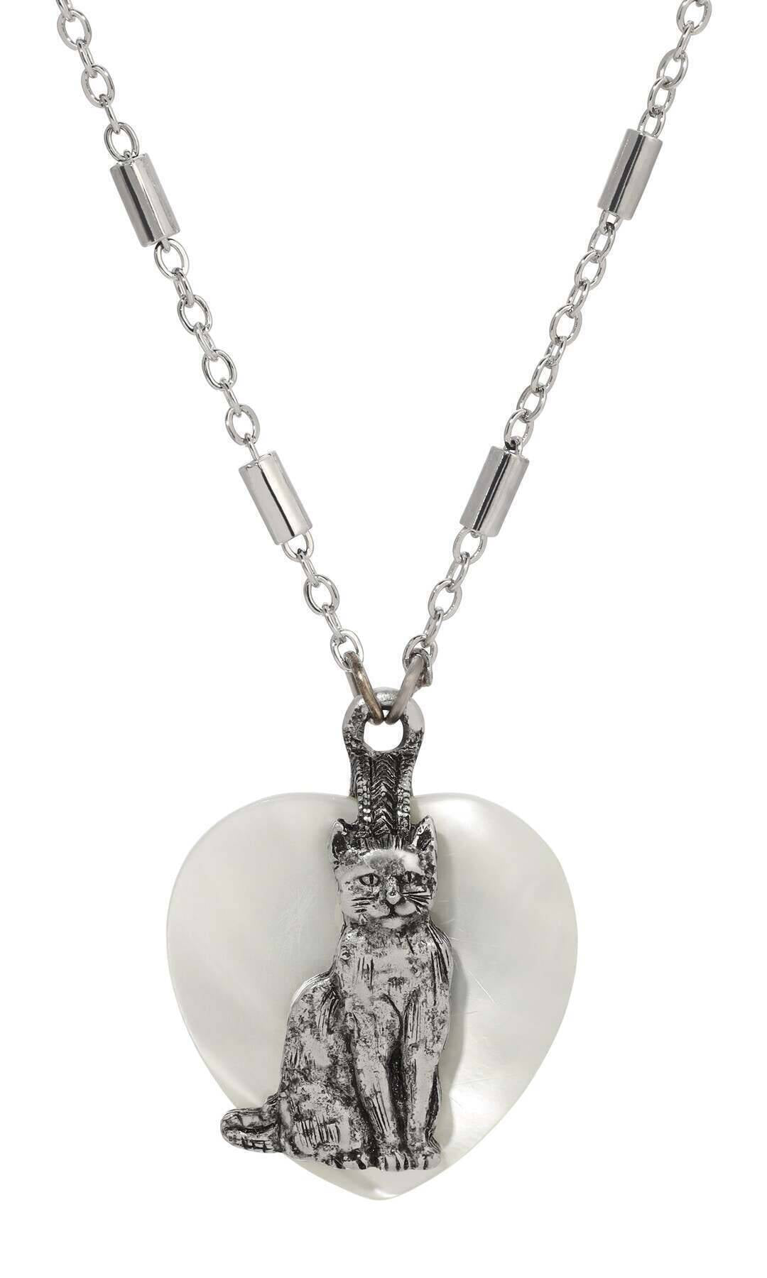 1928 Jewelry Whimsical Cat Mother Of Pearl Heart Pendant Necklace 18"