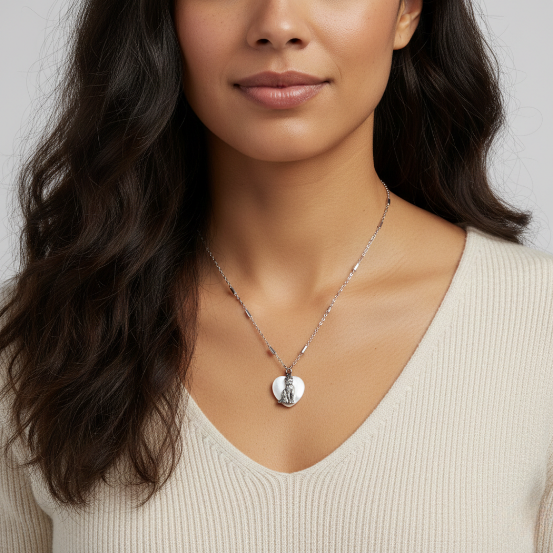 Woman wearing a silver necklace with a pendant on a neutral background