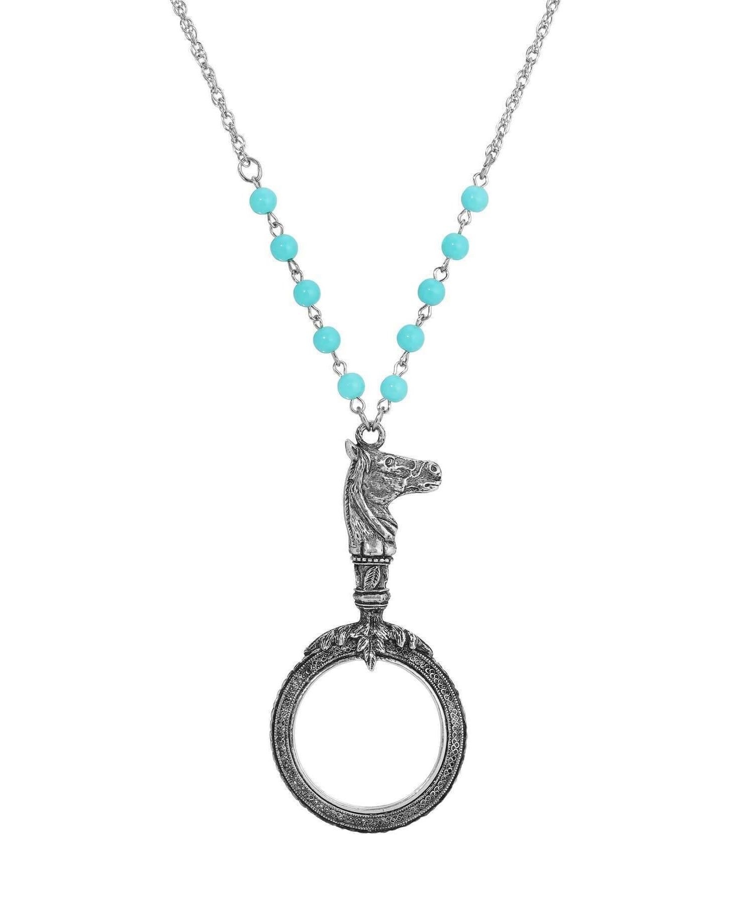 1928 Jewelry Turquoise Bead Equine Magnifying Glass Pendant Necklace 28"L - Magnification Power: 1-2X