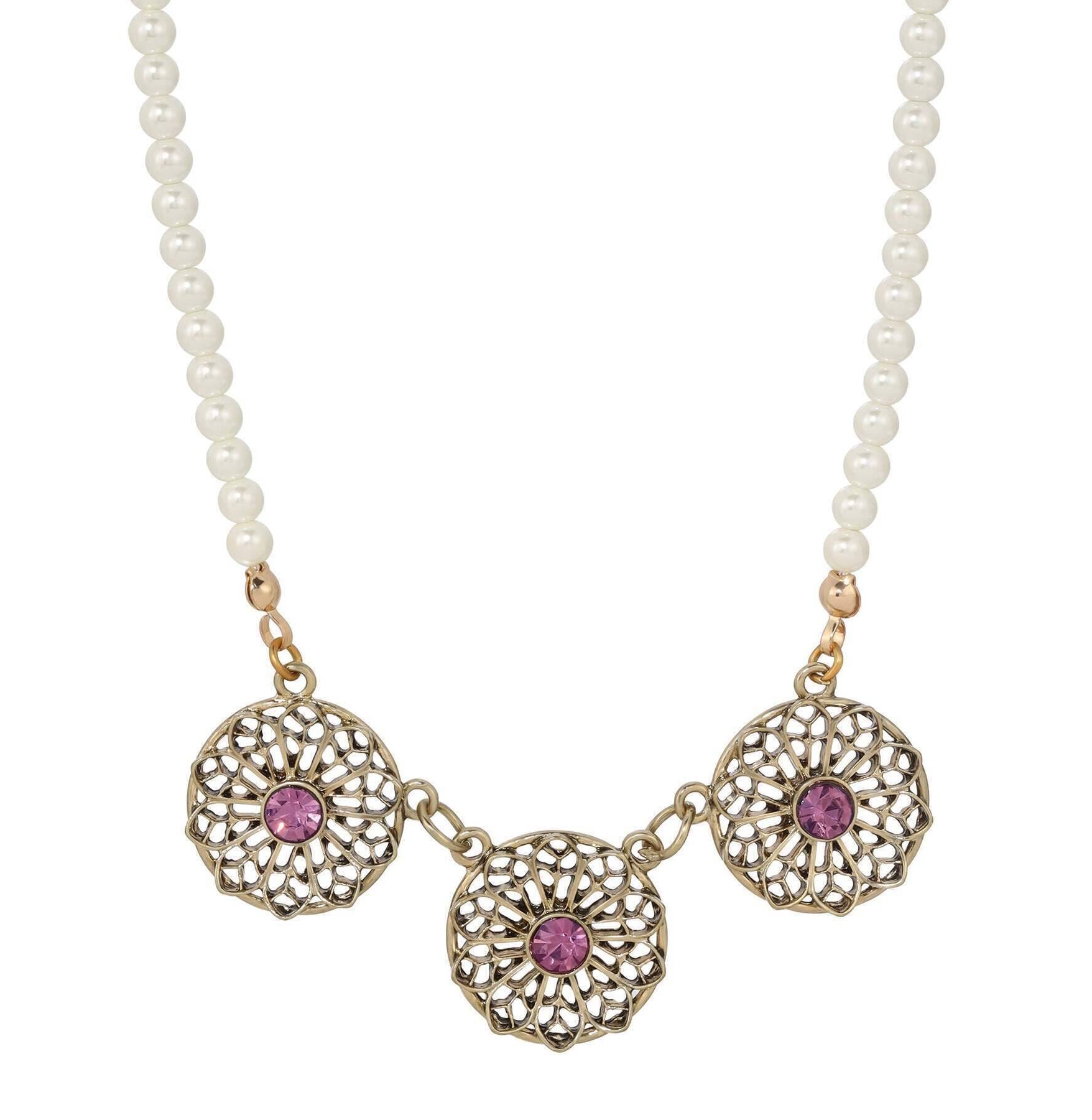 1928 Jewelry Ornate Floral Reverie Amethyst Purple Crystal Faux Pearl Strand Necklace 16" + 3" Extender