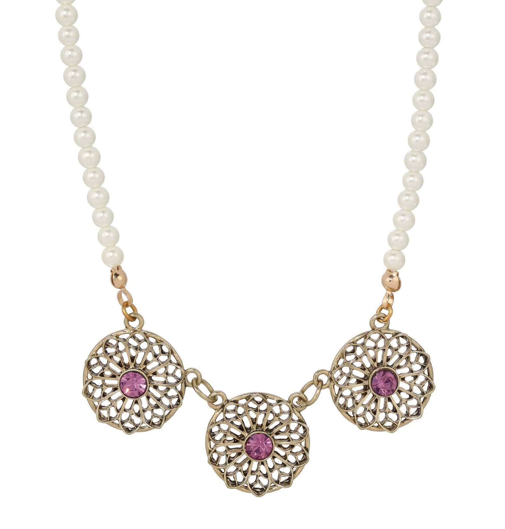 1928 Jewelry Ornate Floral Reverie Amethyst Purple Crystal Faux Pearl Strand Necklace 16" + 3" Extender