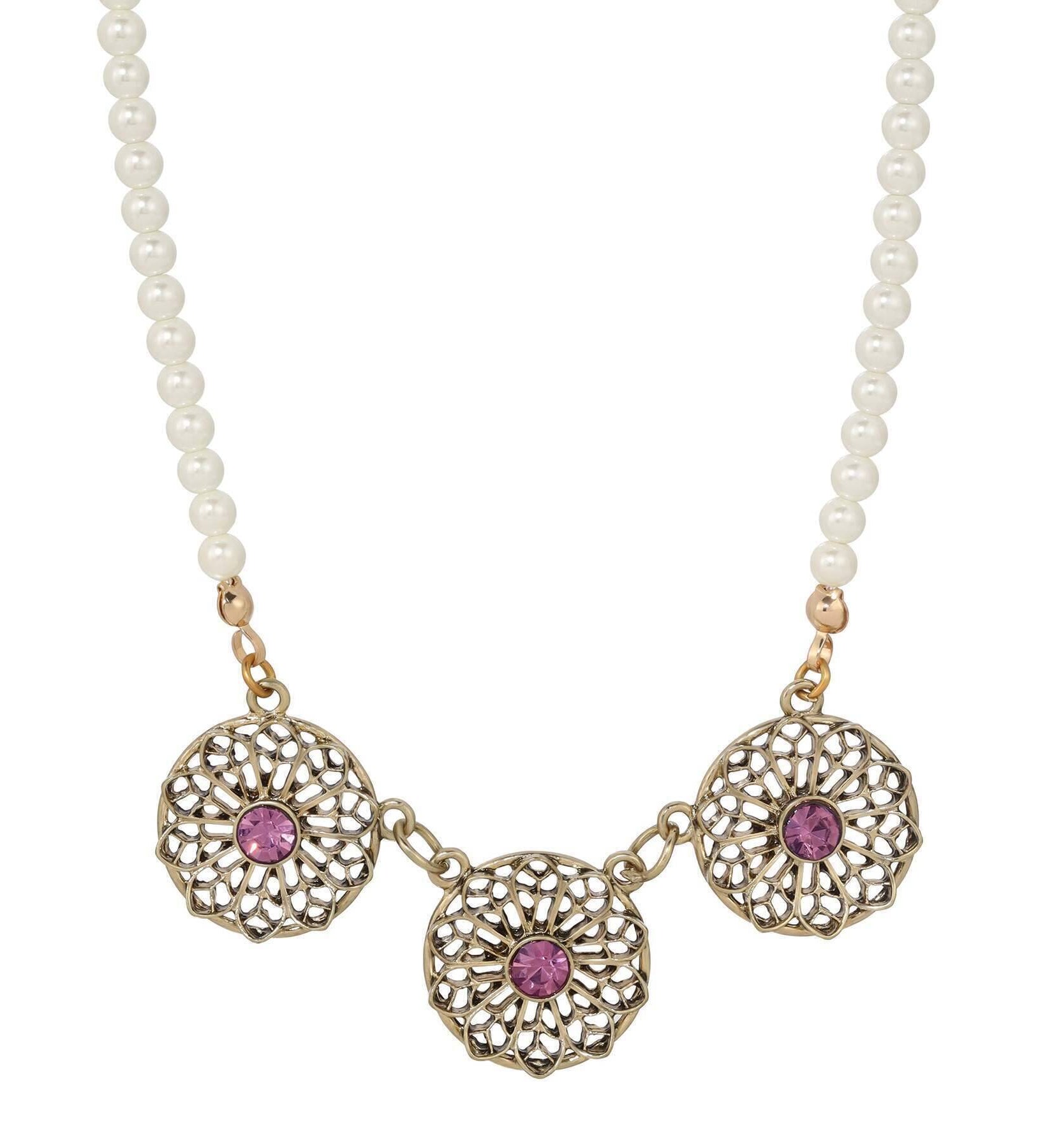 1928 Jewelry Ornate Floral Reverie Amethyst Purple Crystal Faux Pearl Strand Necklace 16" + 3" Extender