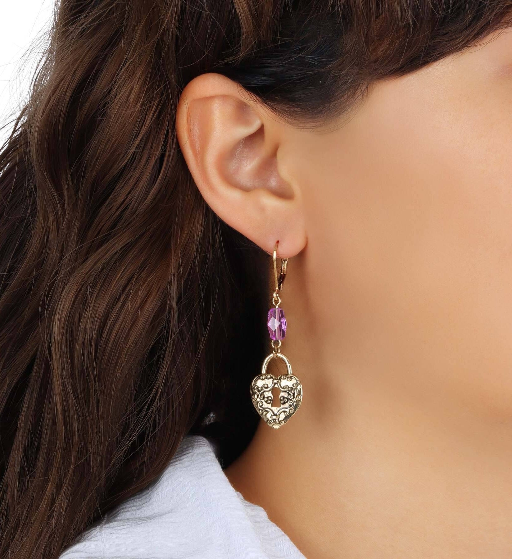 1928 Jewelry Amethyst Enigma Heart Padlock Dangling Earrings