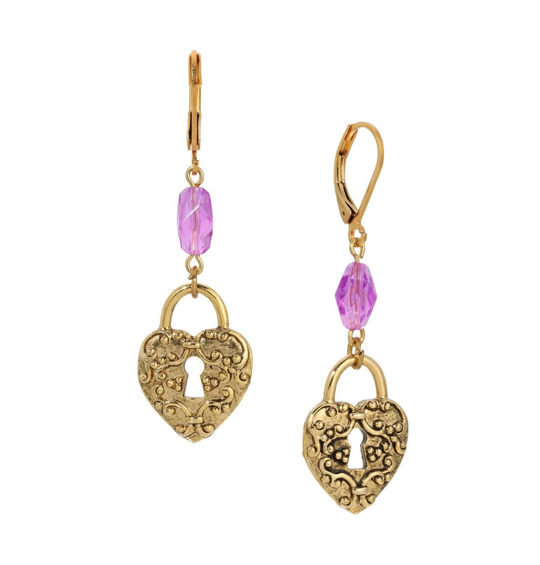 1928 Jewelry Amethyst Enigma Heart Padlock Dangling Earrings