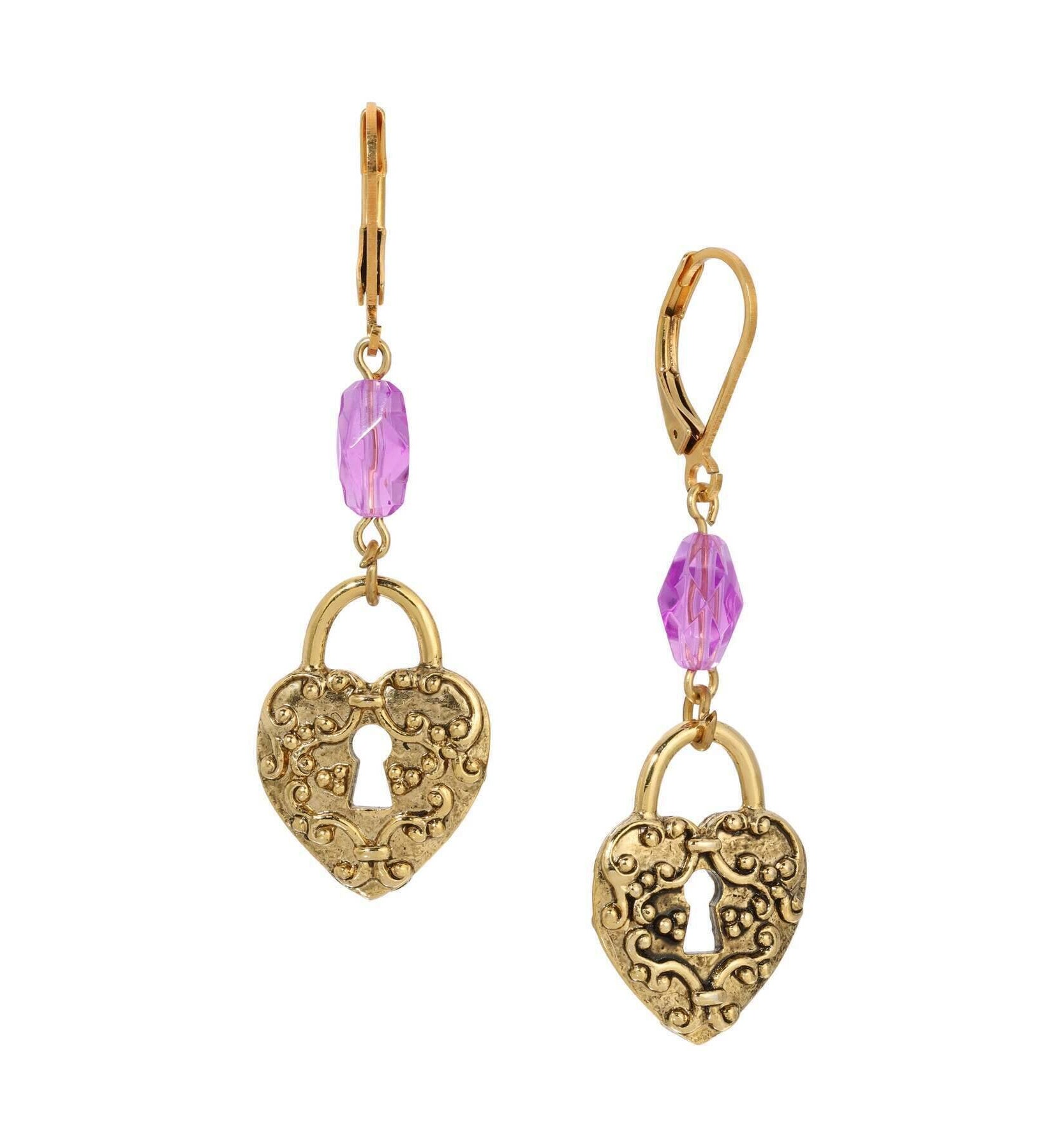 1928 Jewelry Amethyst Enigma Heart Padlock Dangling Earrings