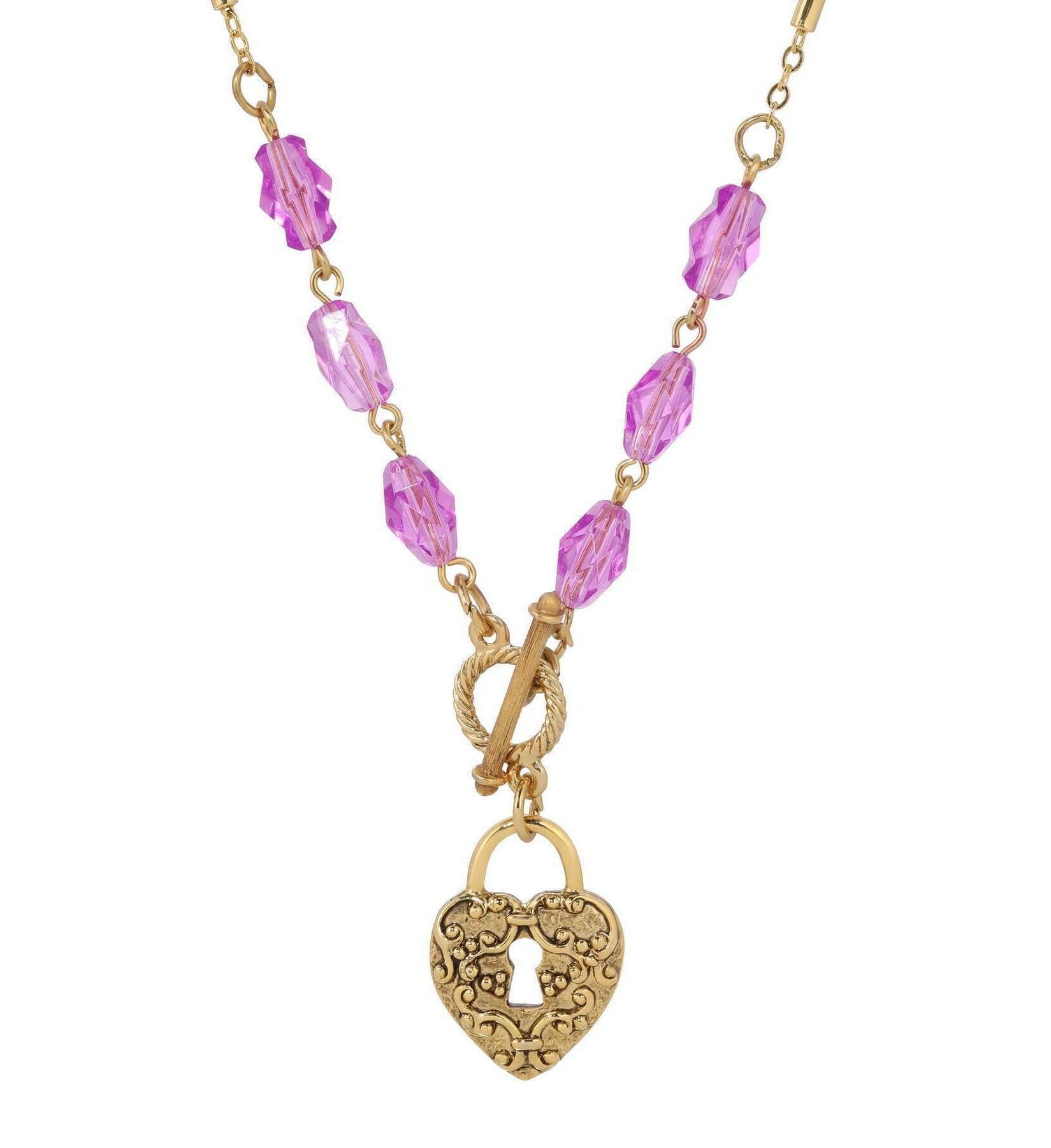 1928 Jewelry Amethyst Enigma Heart Padlock Pendant Toggle Necklace 18"