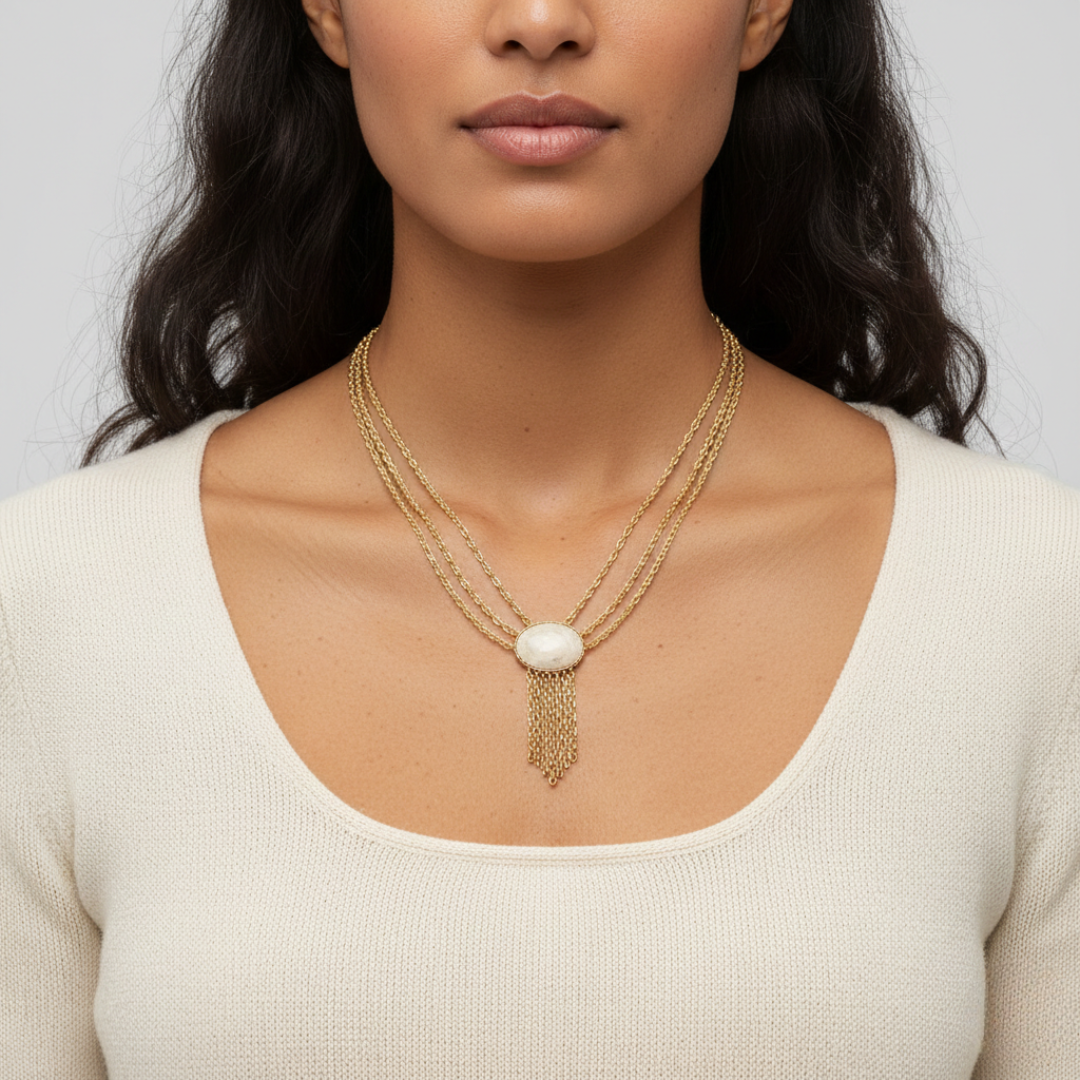Woman wearing a gold necklace with a white pendant against a neutral background