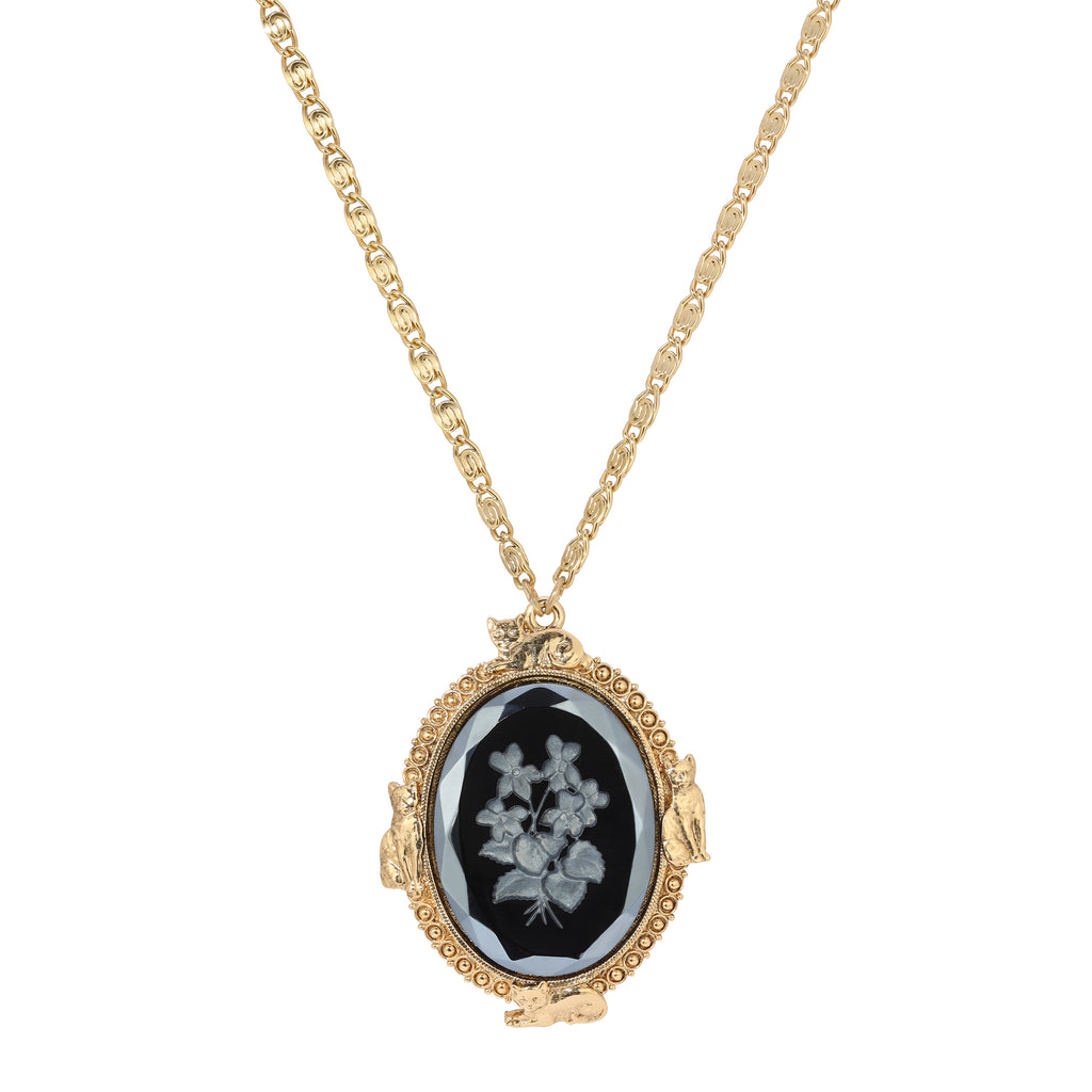 1928 Jewelry Feline Flora Fusion Black German Glass Stone Pendant Necklace 30"