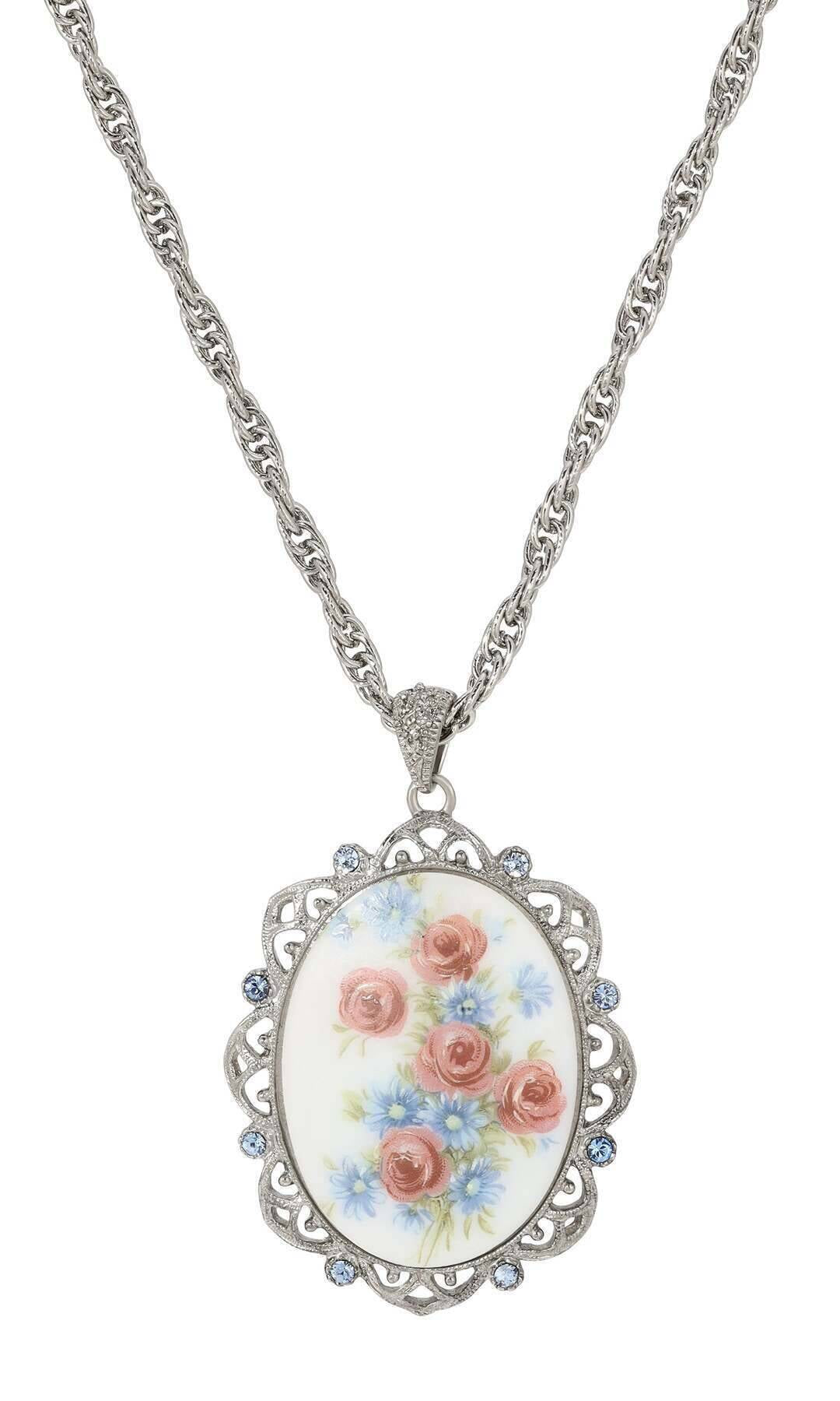 1928 Jewelry Grecian Windflowers & Roses Light Sapphire Crystal Pendant Necklace 30"