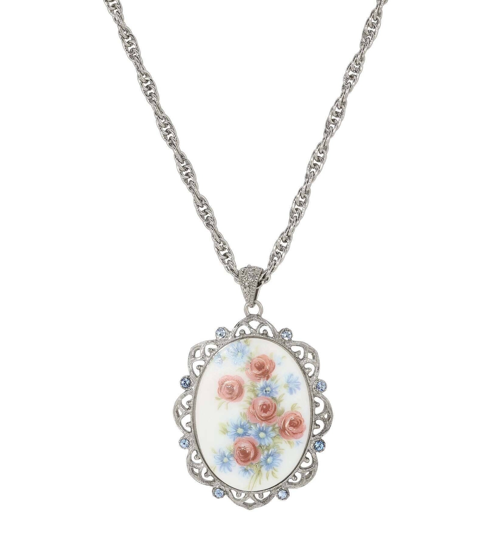 1928 Jewelry Grecian Windflowers & Roses Light Sapphire Crystal Pendant Necklace 30"