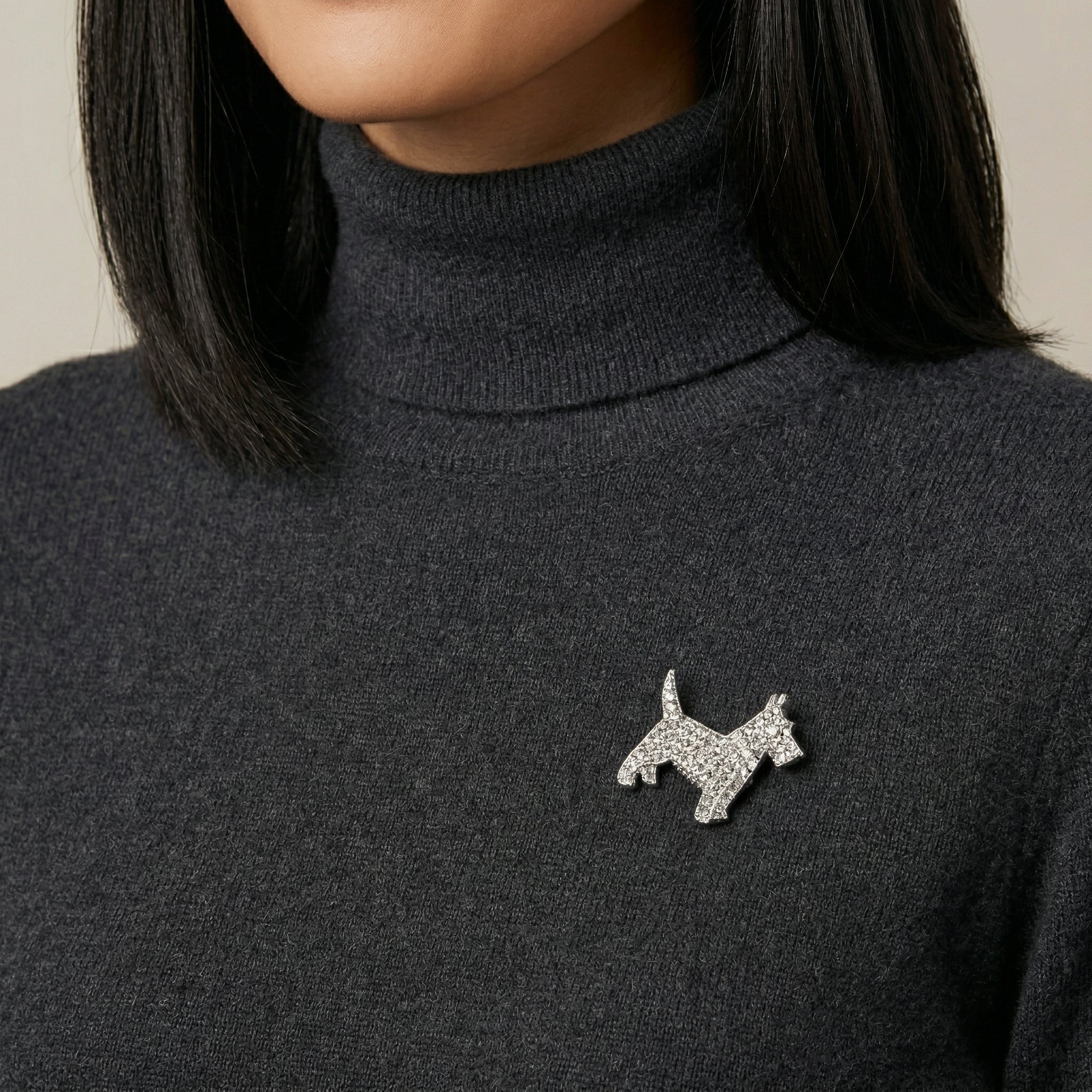 Person wearing a dark gray turtleneck sweater with a small dog-shaped brooch.