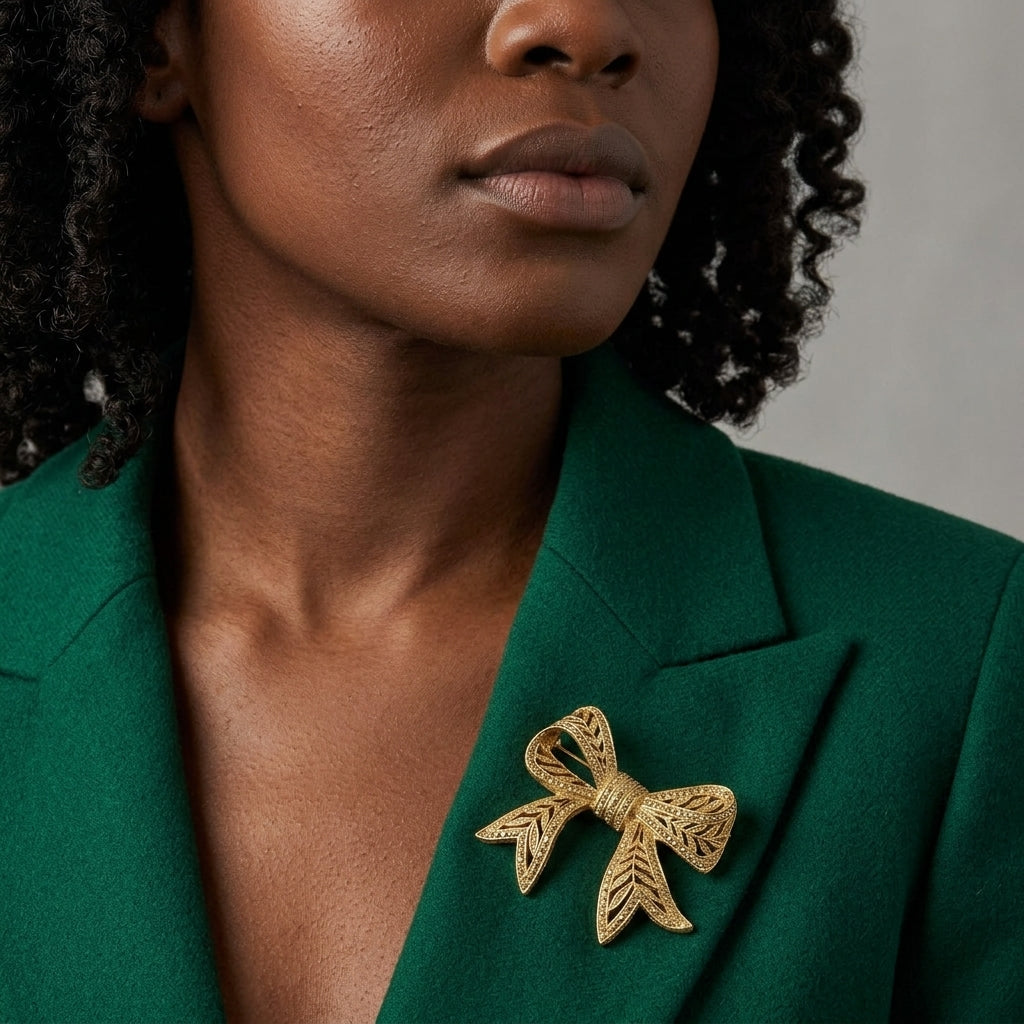 Woman wearing a green blazer with a gold bow brooch against a neutral background
