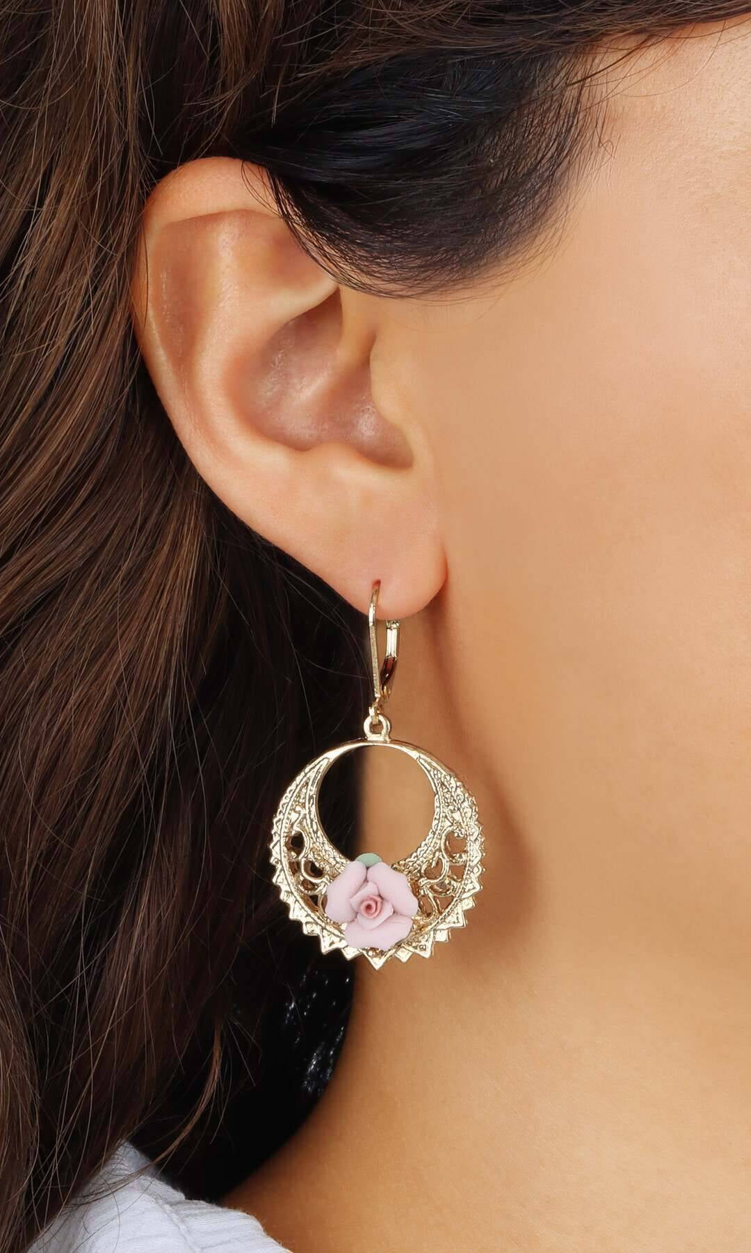 1928 Jewelry Pink Porcelain Rose Hoop Earrings
