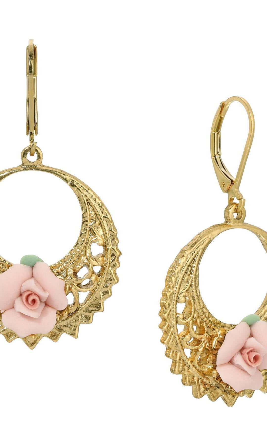 1928 Jewelry Pink Porcelain Rose Hoop Earrings