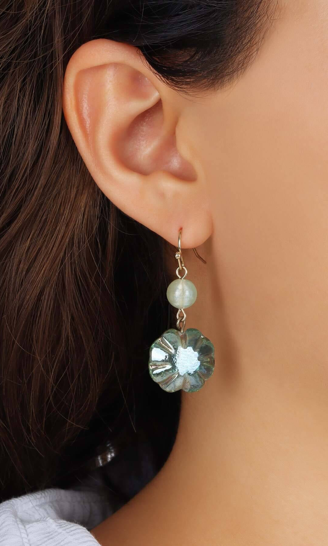 1928 Jewelry Rustic Emerald Green AB Glass Bead Dangling Earrings