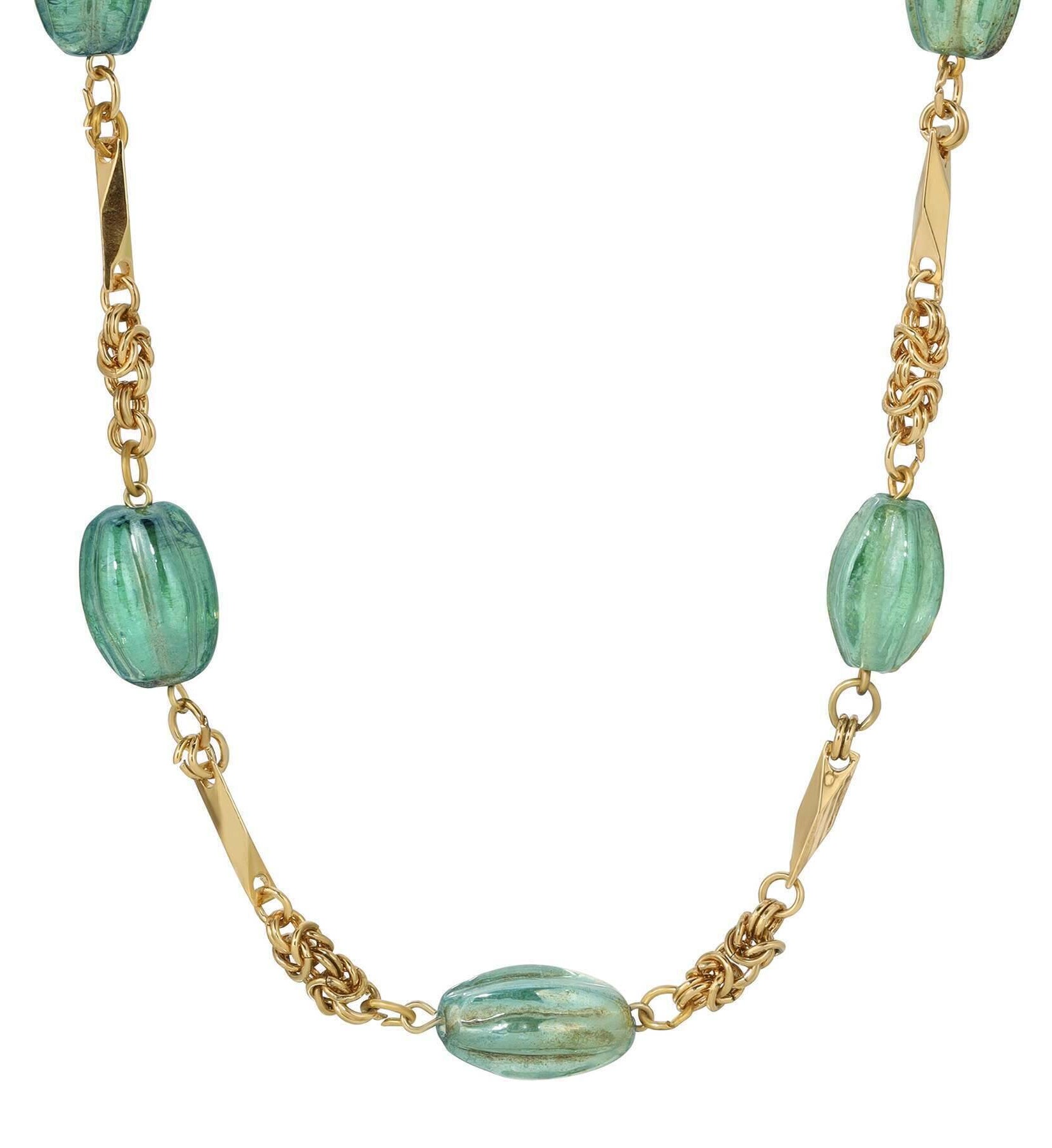 1928 Jewelry Rustic Emerald Green AB Glass Bead Necklace 16" + 3" Extension