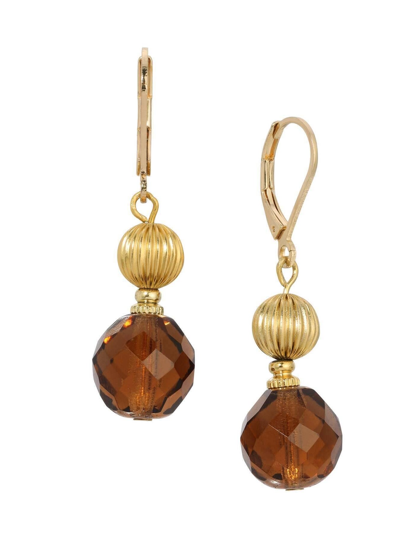 1928 Jewelry Glass Smoke Topaz & Corrugated Bead Dangling Earrings