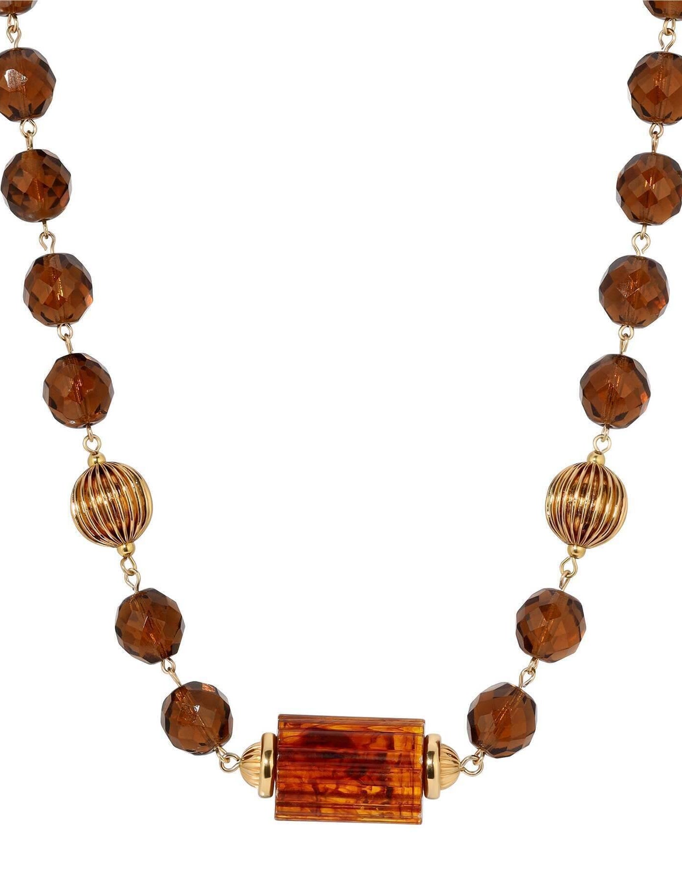 1928 Jewelry Glass Smoke Topaz Corrugated Bead & Tortoise Bead Necklace 17" + 3" Extender