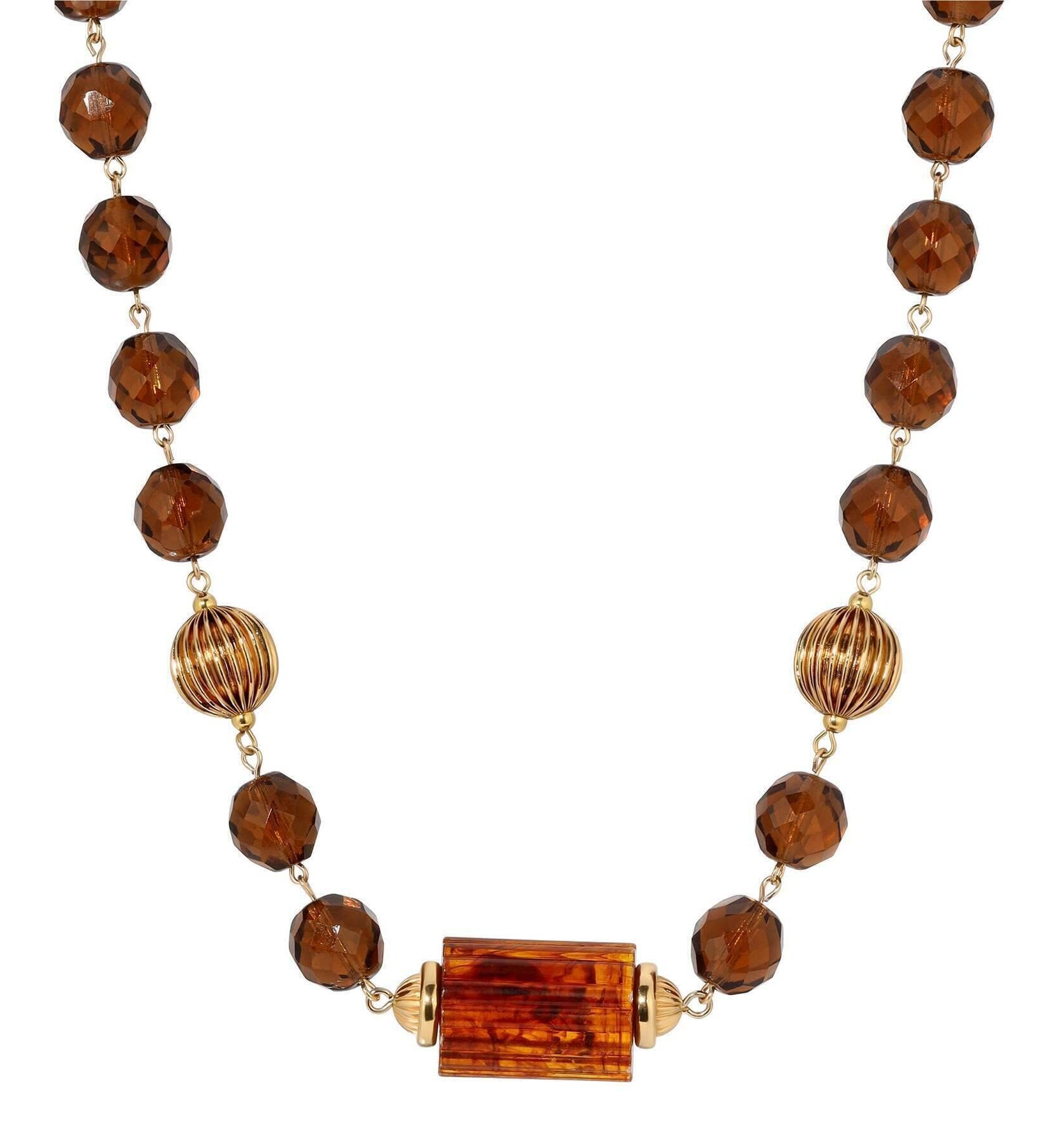 1928 Jewelry Glass Smoke Topaz Corrugated Bead & Tortoise Bead Necklace 17" + 3" Extender