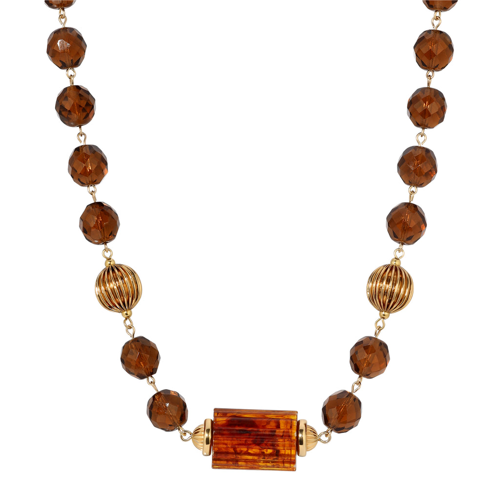 1928 Jewelry Glass Smoke Topaz Corrugated Bead & Tortoise Bead Necklace 17" + 3" Extender