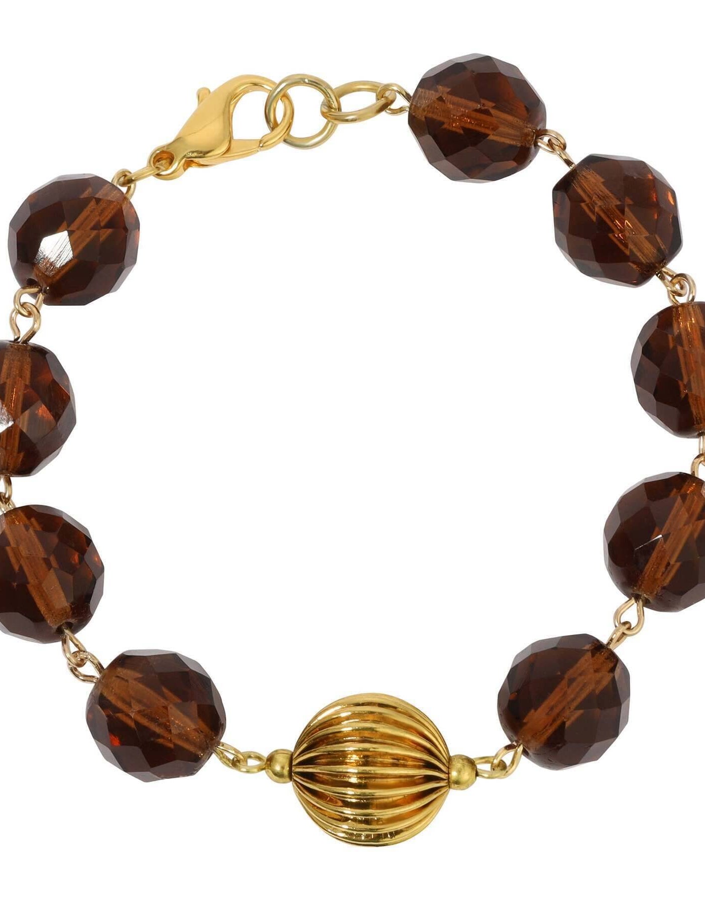 1928 Jewelry Glass Smoke Topaz & Corrugated Bead Link Bracelet