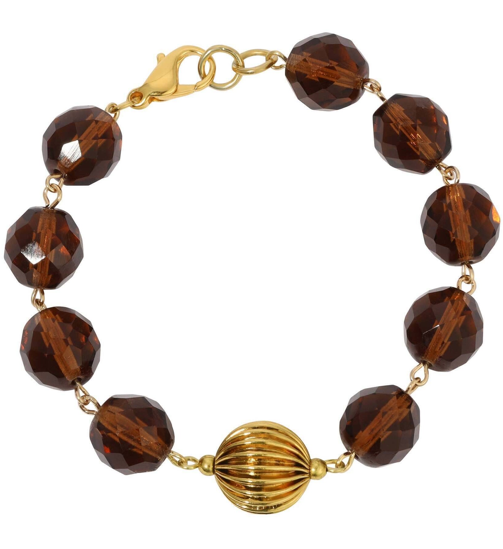 1928 Jewelry Glass Smoke Topaz & Corrugated Bead Link Bracelet