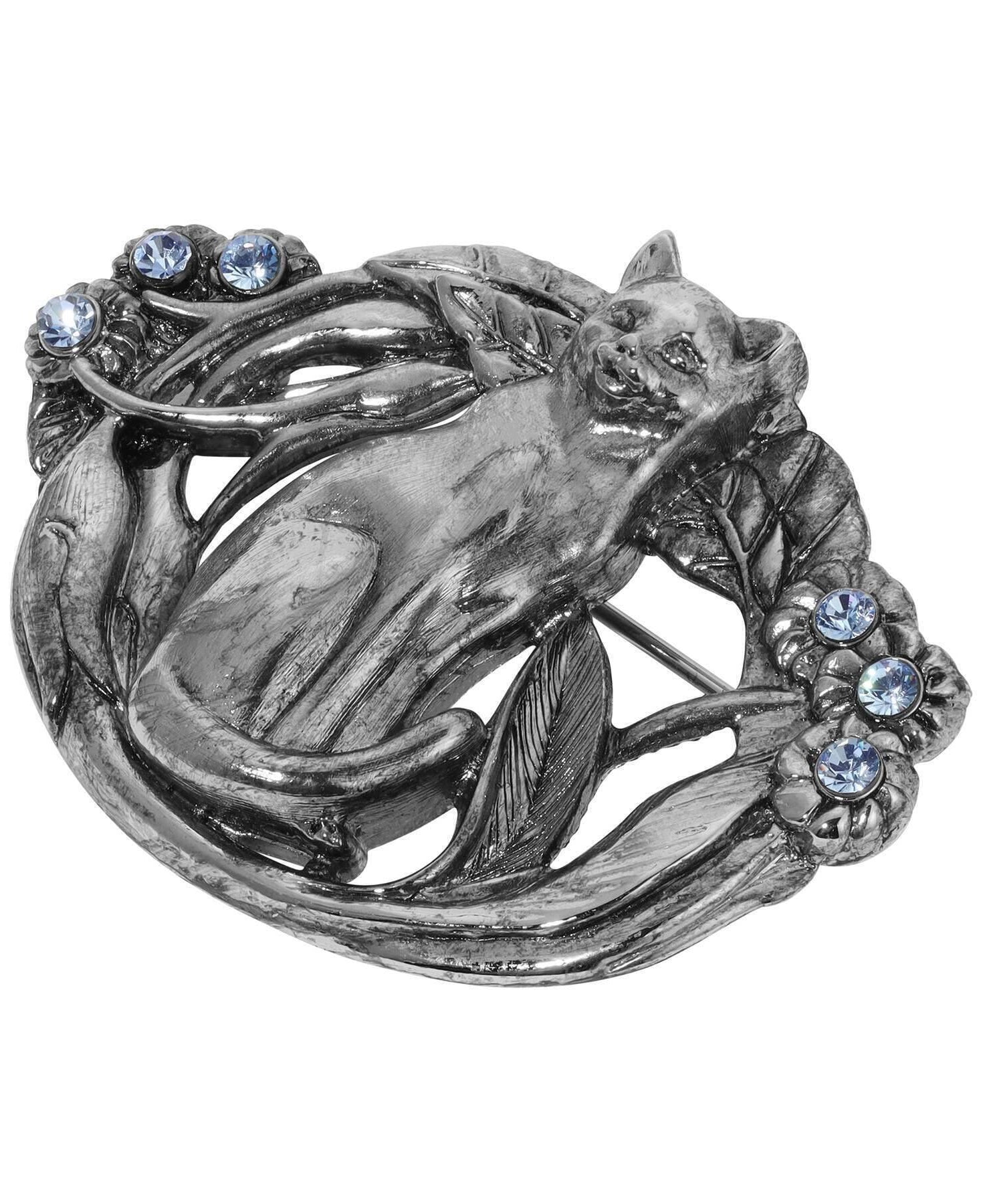 1928 Jewelry Whimsical Cat & Floral Vine Light Sapphire Blue Crystal Pin