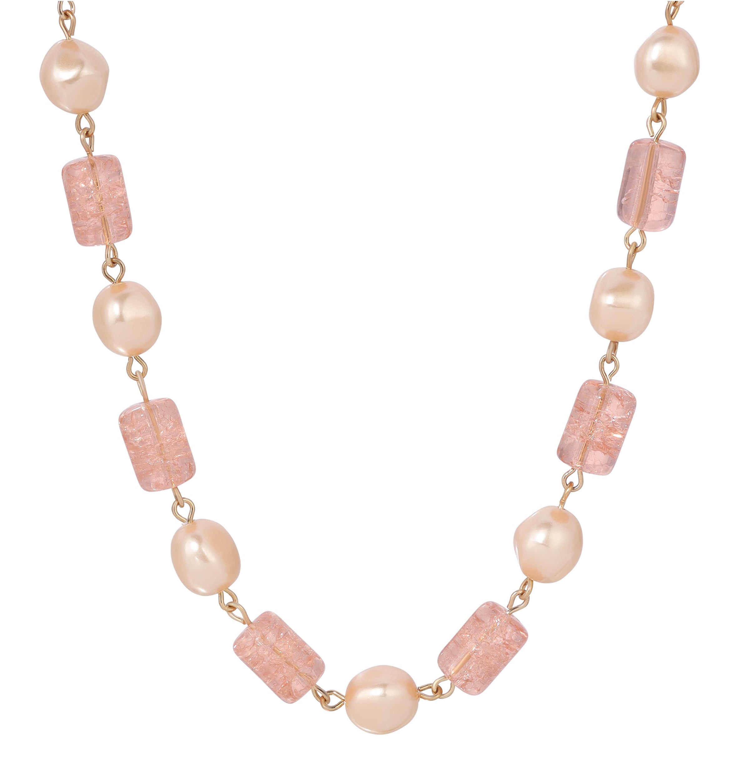 1928 Jewelry Peach Cracked Glass & Baroque Champagne Faux Pearl Necklace 15" + 3" Extension